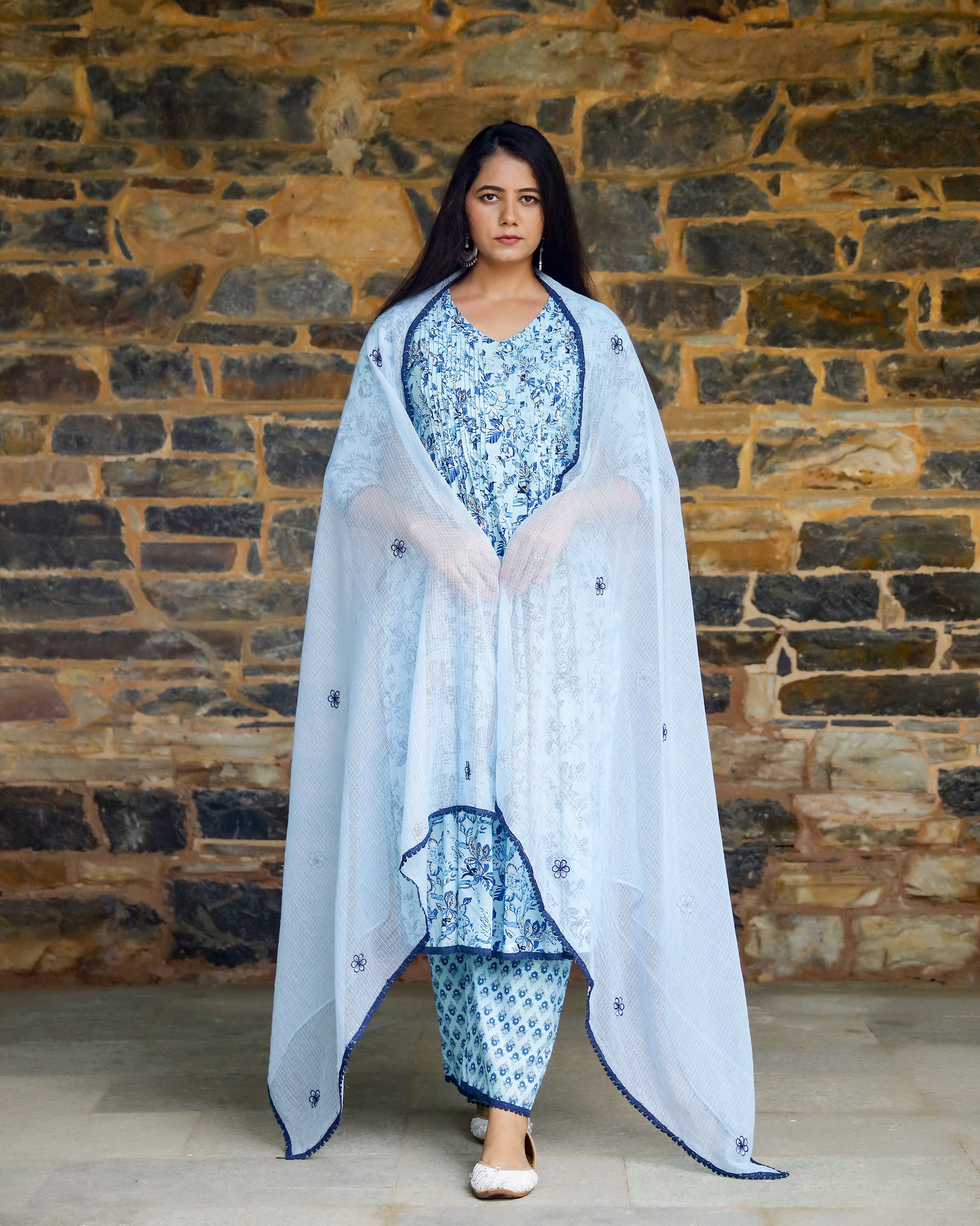 Aqua & Blue Block Printed Cotton Suit Set
