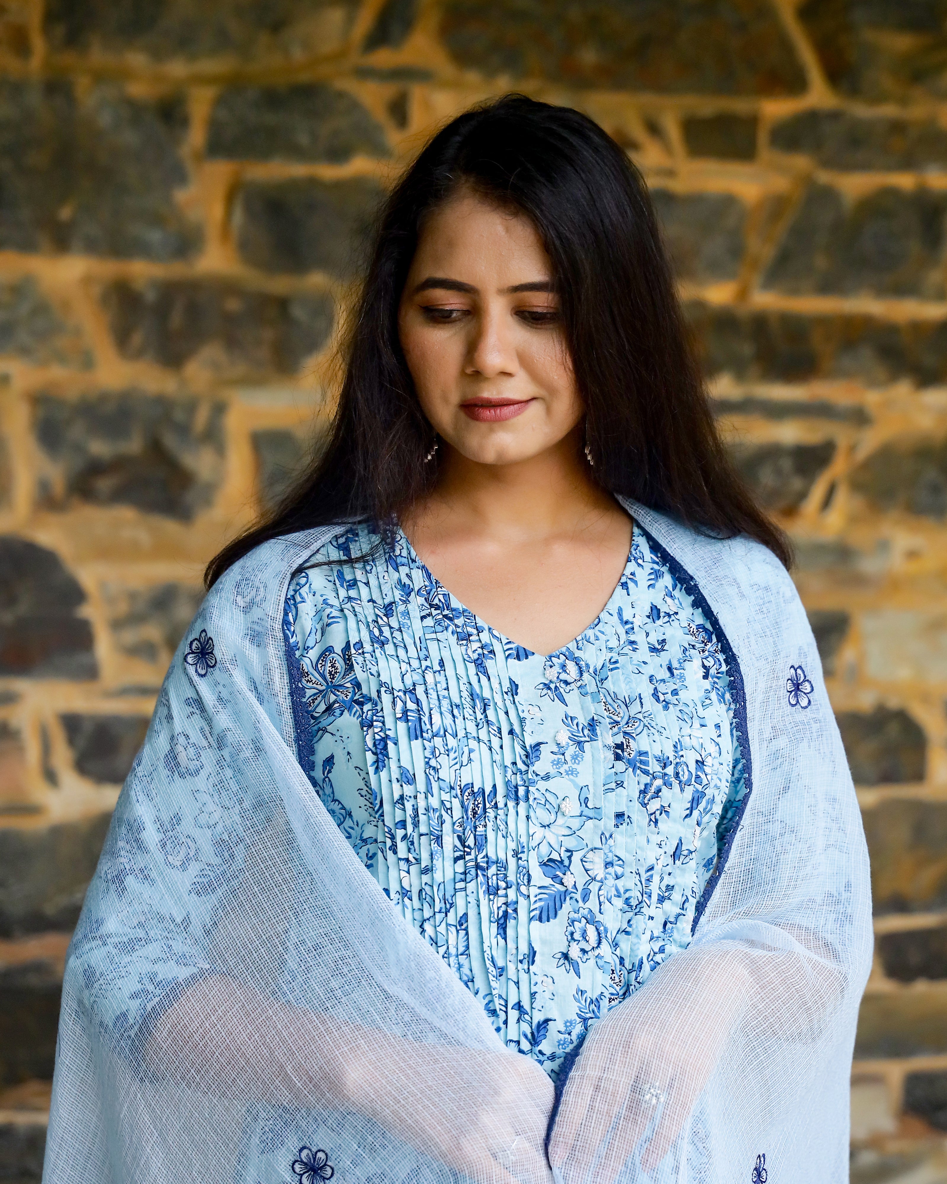 Aqua & Blue Block Printed Cotton Suit Set