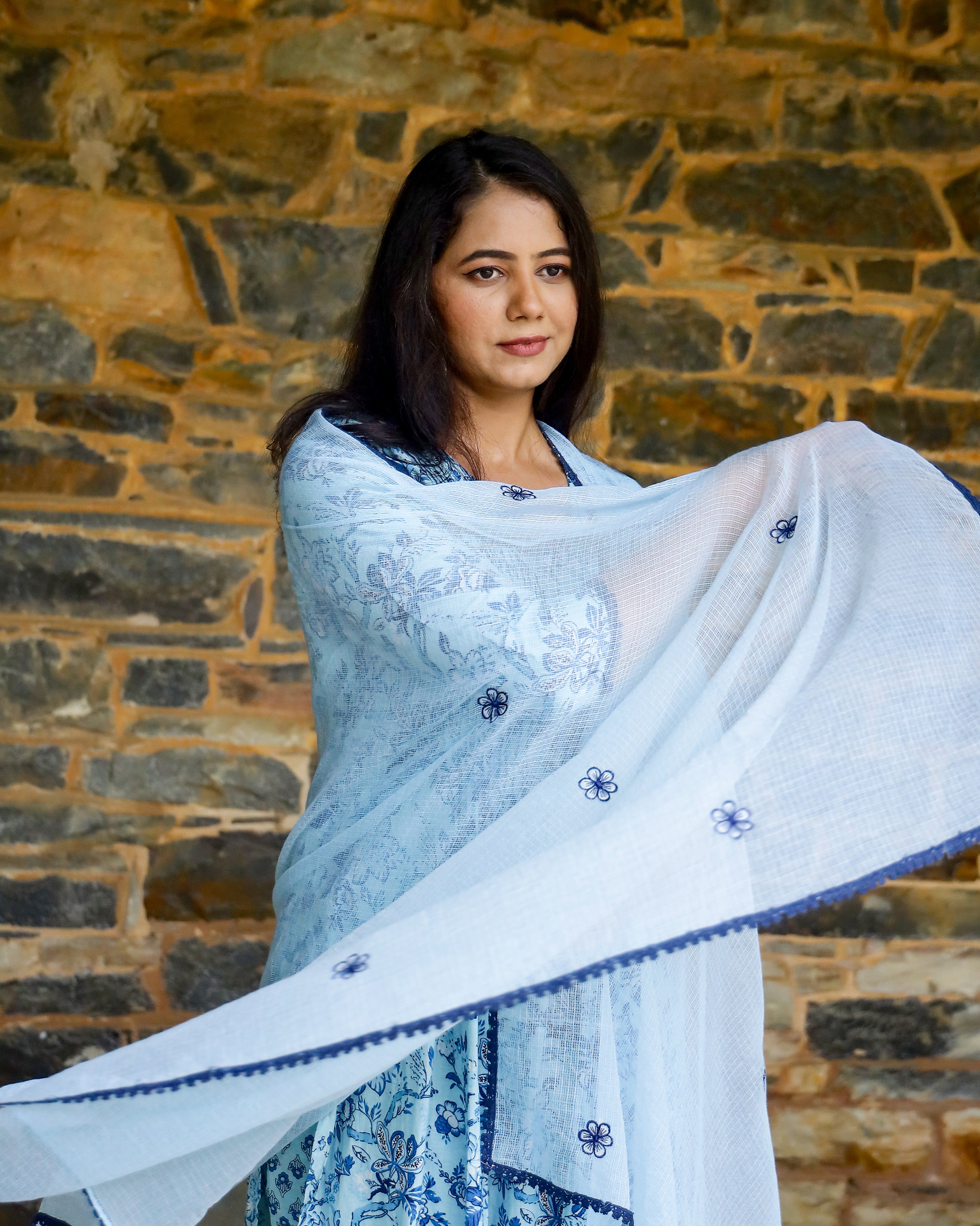 Aqua & Blue Block Printed Cotton Suit Set