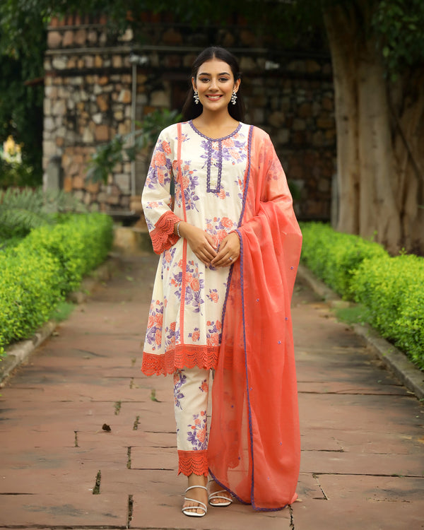 Ivory & Orange Block Printed Cotton Suit Set