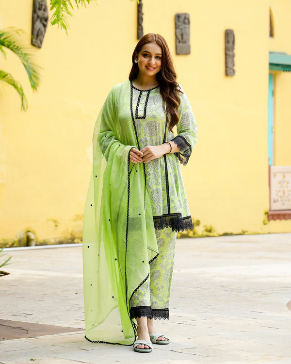 Green & Black Block Printed Cotton Suit Set