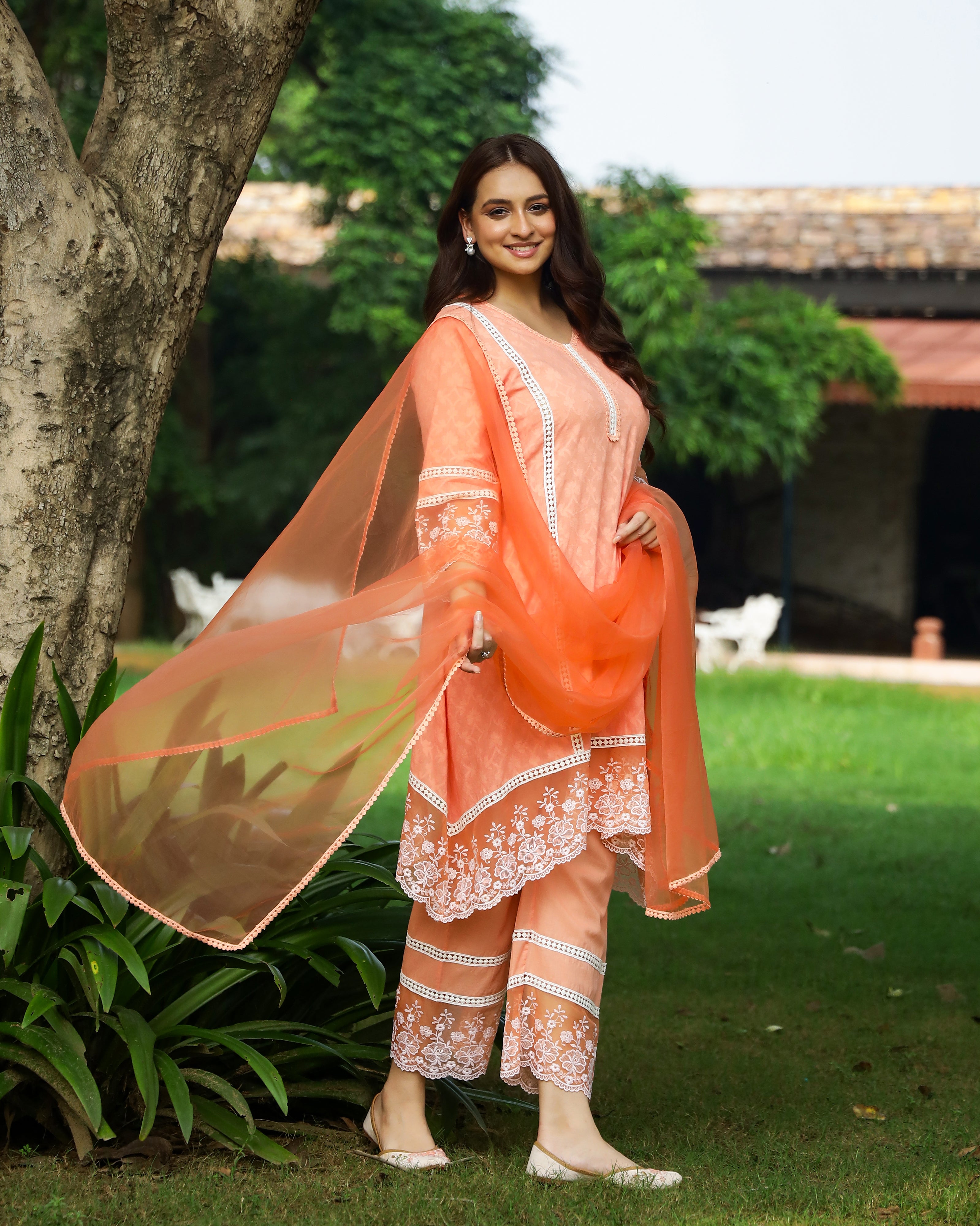 Peach Dobby Cotton Asymmetric Suit Set