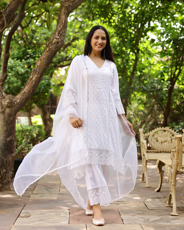 White Dobby Cotton Asymmetric Suit Set