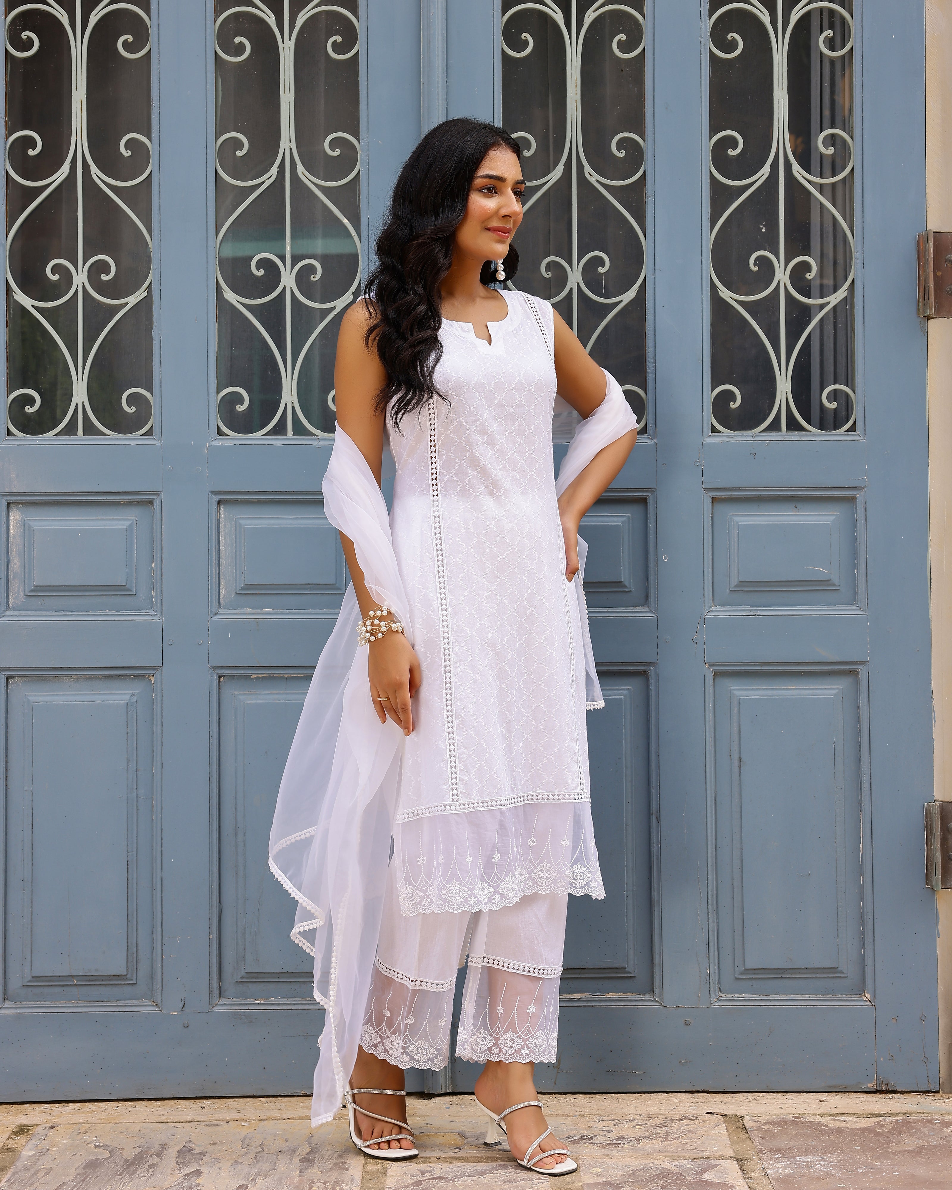 White Dobby Cotton Straight Suit Set