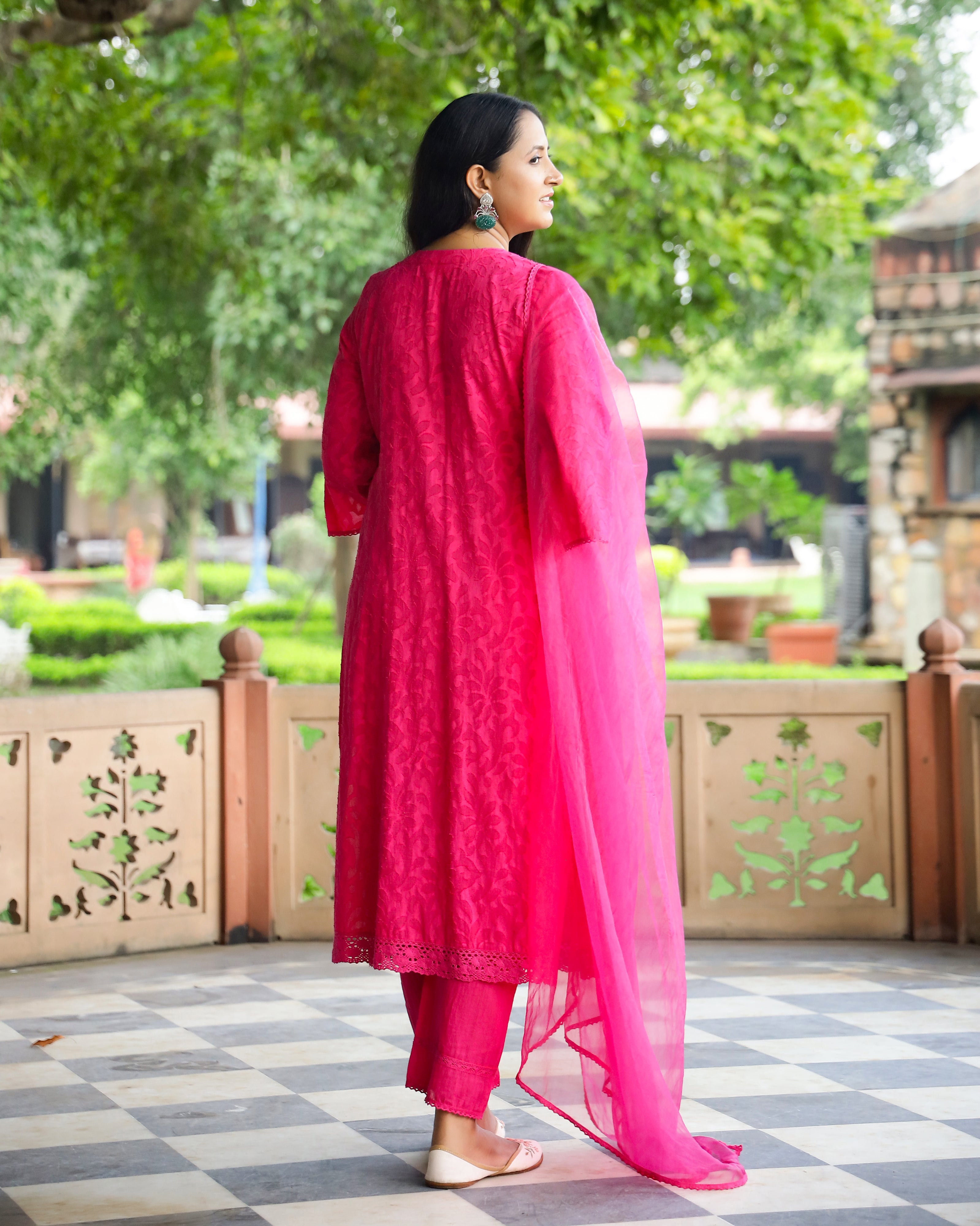 Magenta Pintuck Work Dobby Suit Set