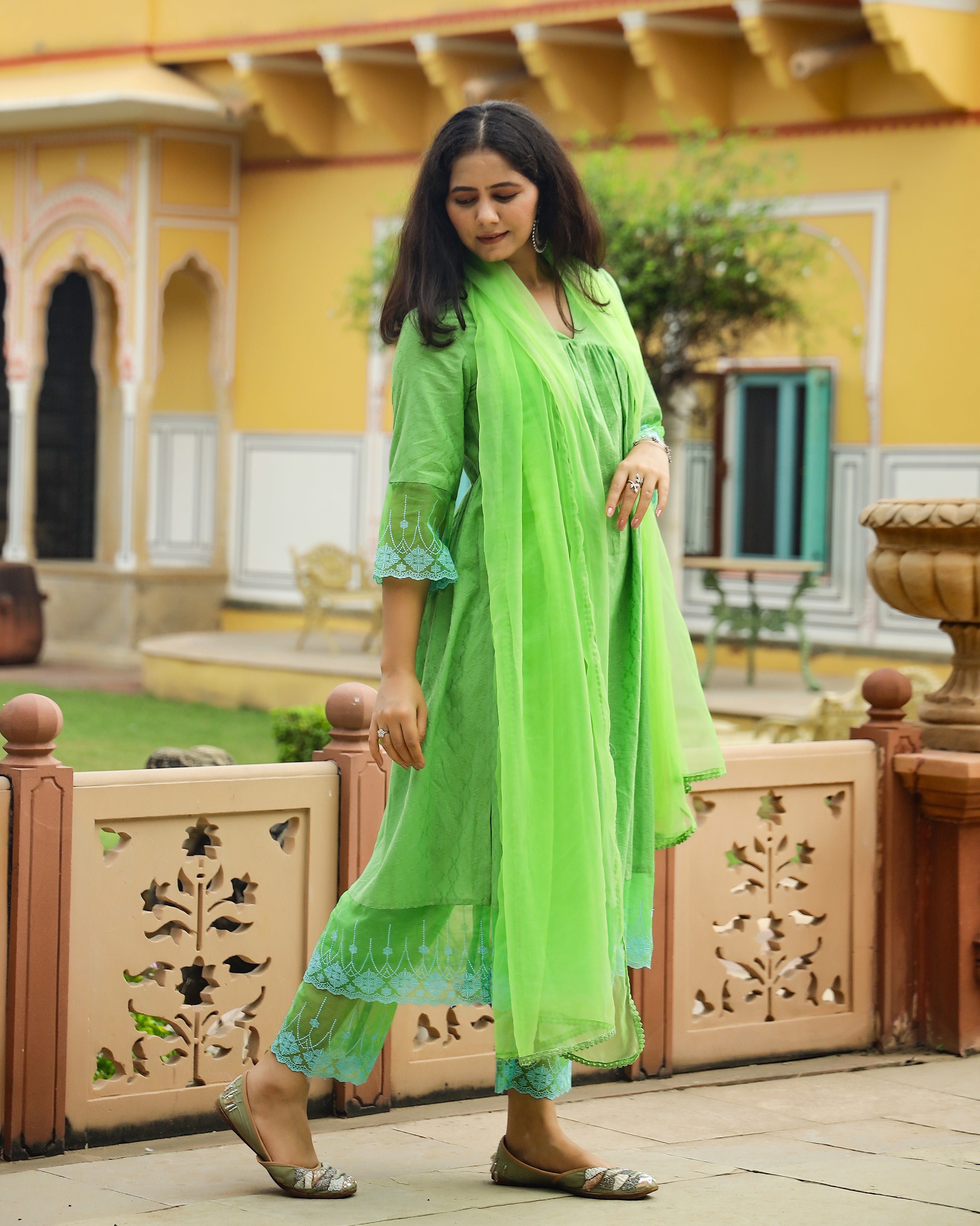 Green Dobby Gathered Suit Set