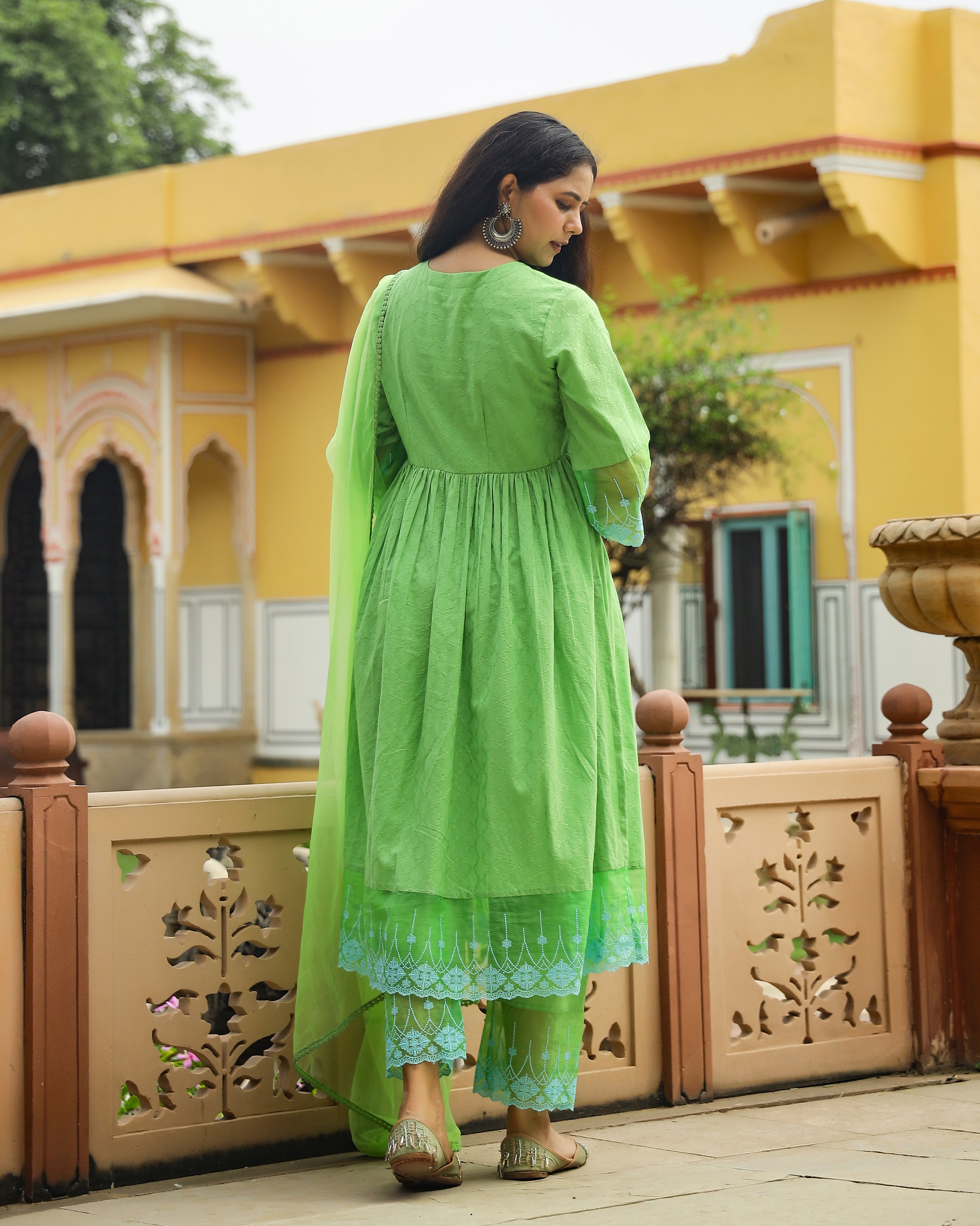 Green Dobby Gathered Suit Set