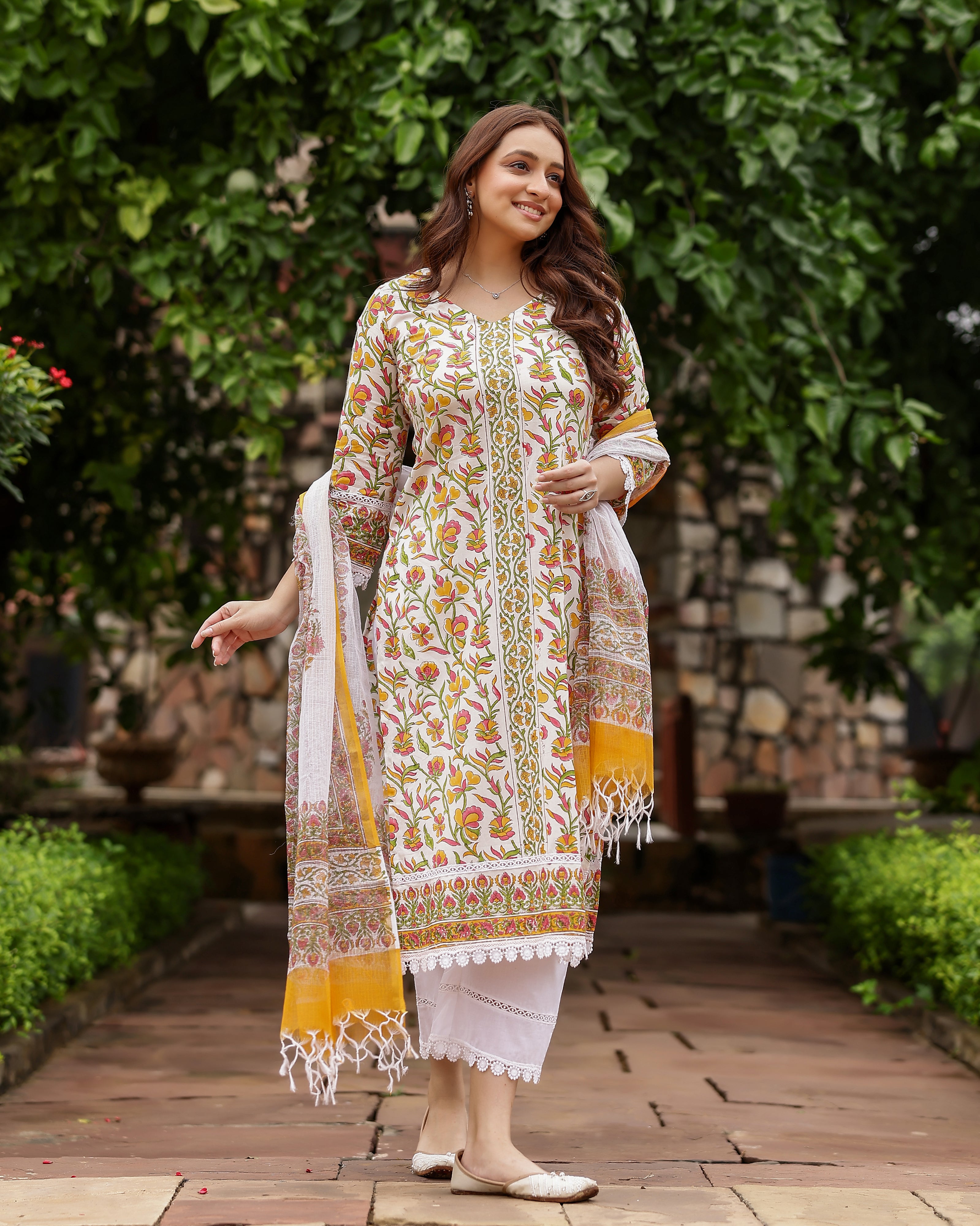 White And Yellow Floral Print Cotton Suit
