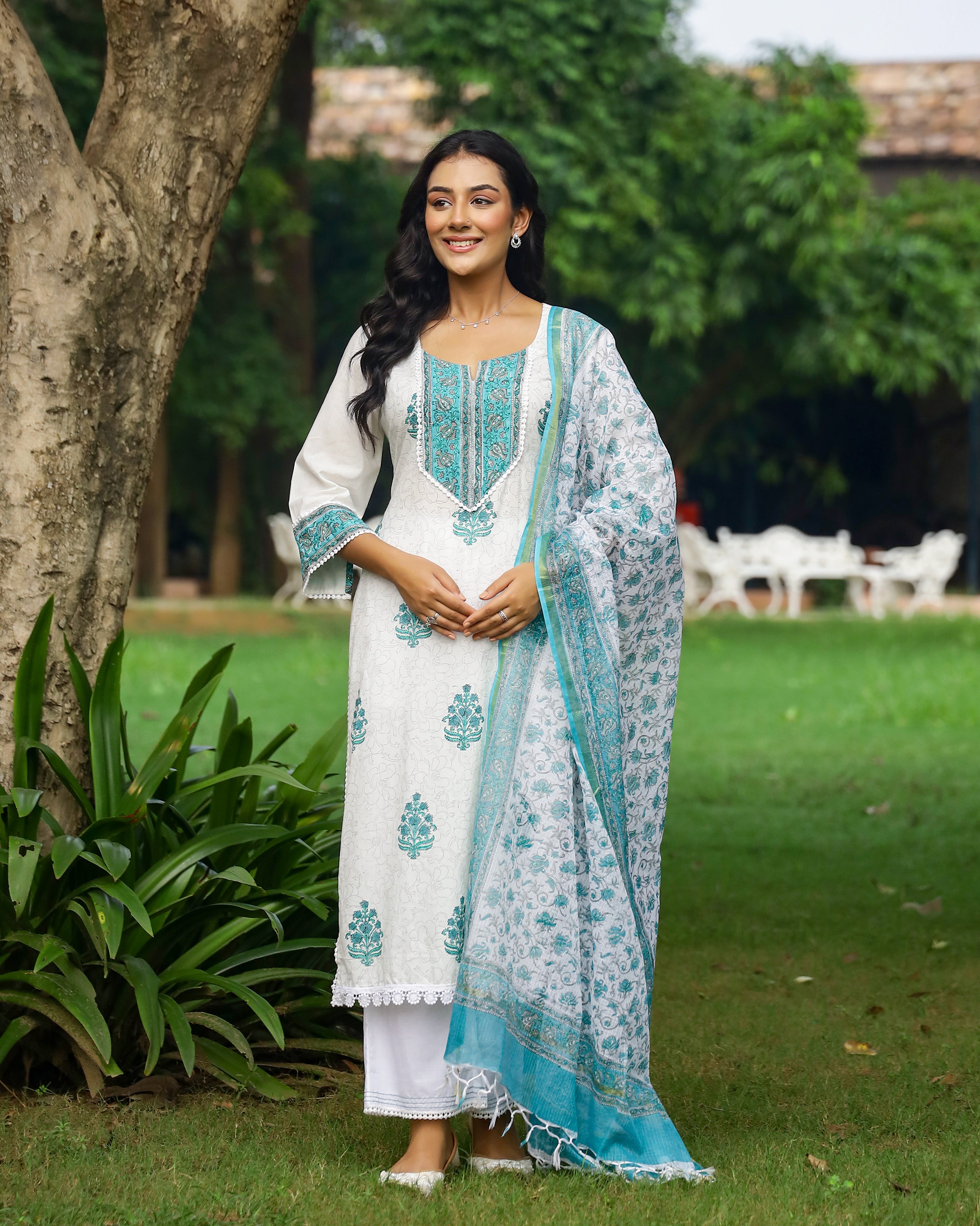 White And Turquoise Handblock Print Cotton Suit