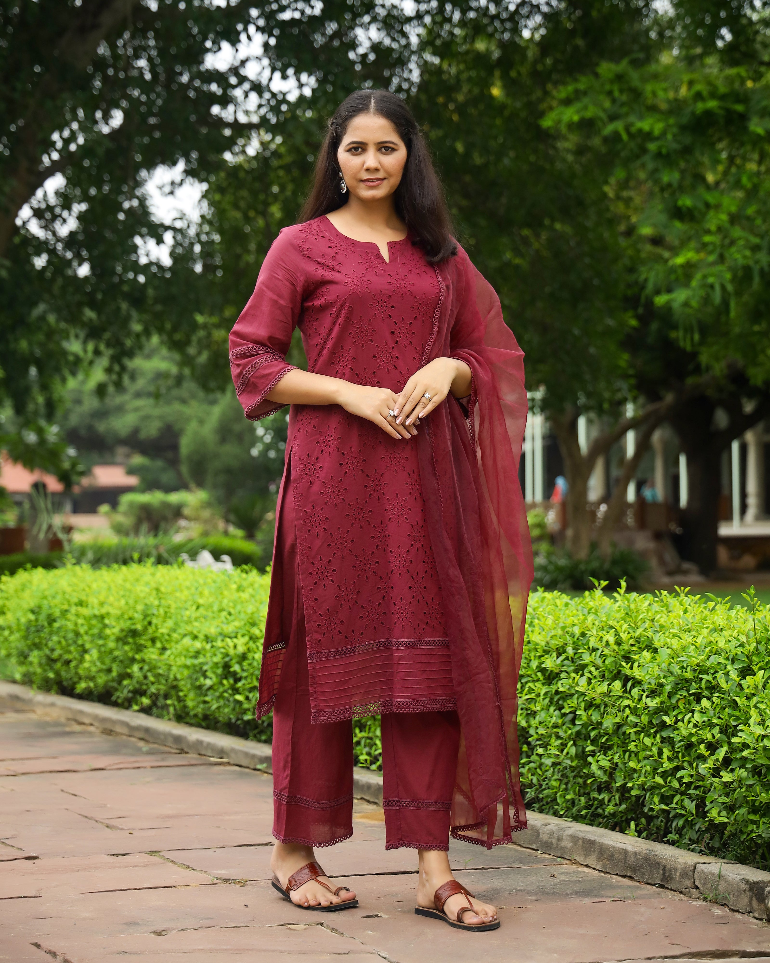 Wine Cotton Schiffli Kurta Set with Organza Dupatta