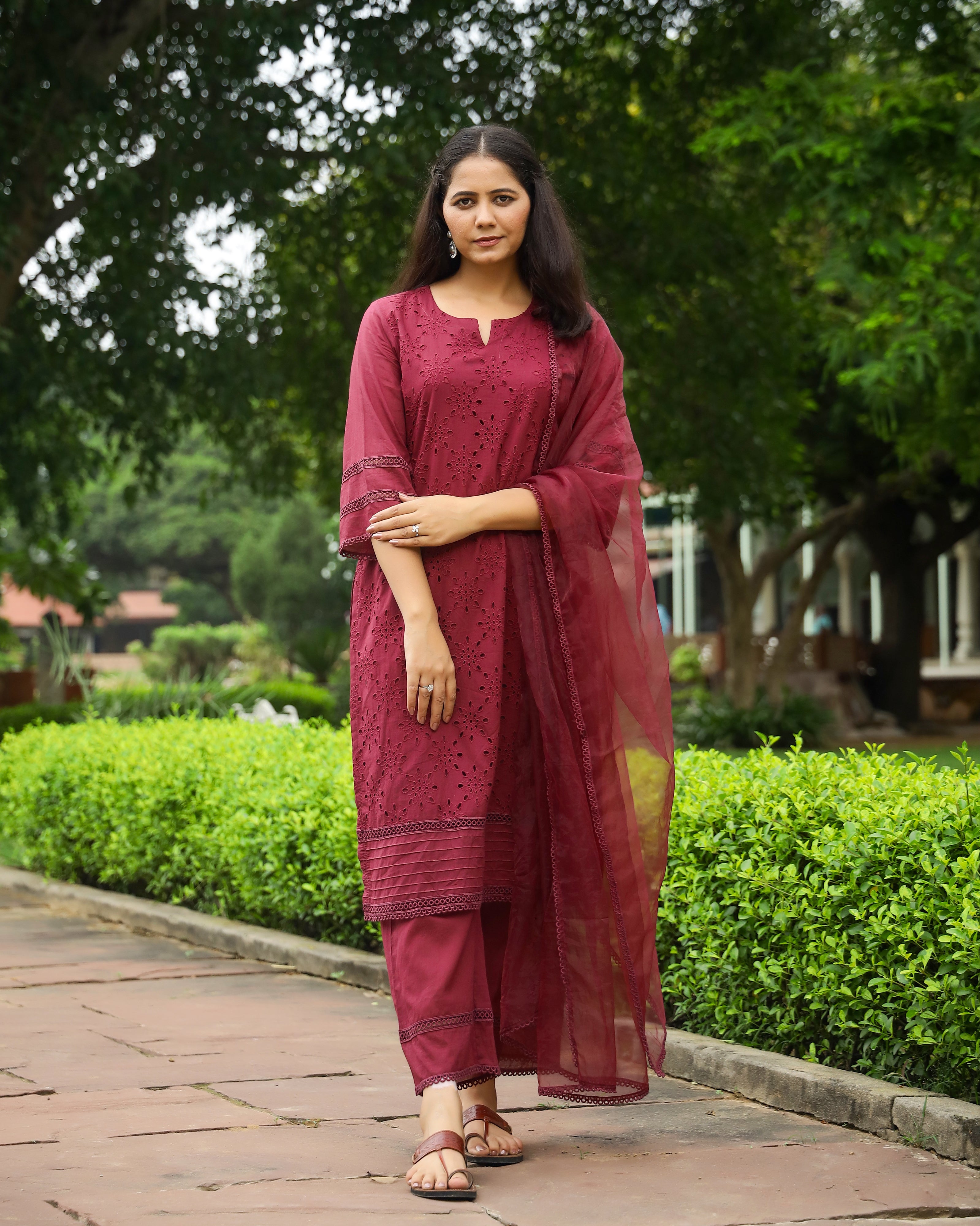 Wine Cotton Schiffli Kurta Set with Organza Dupatta