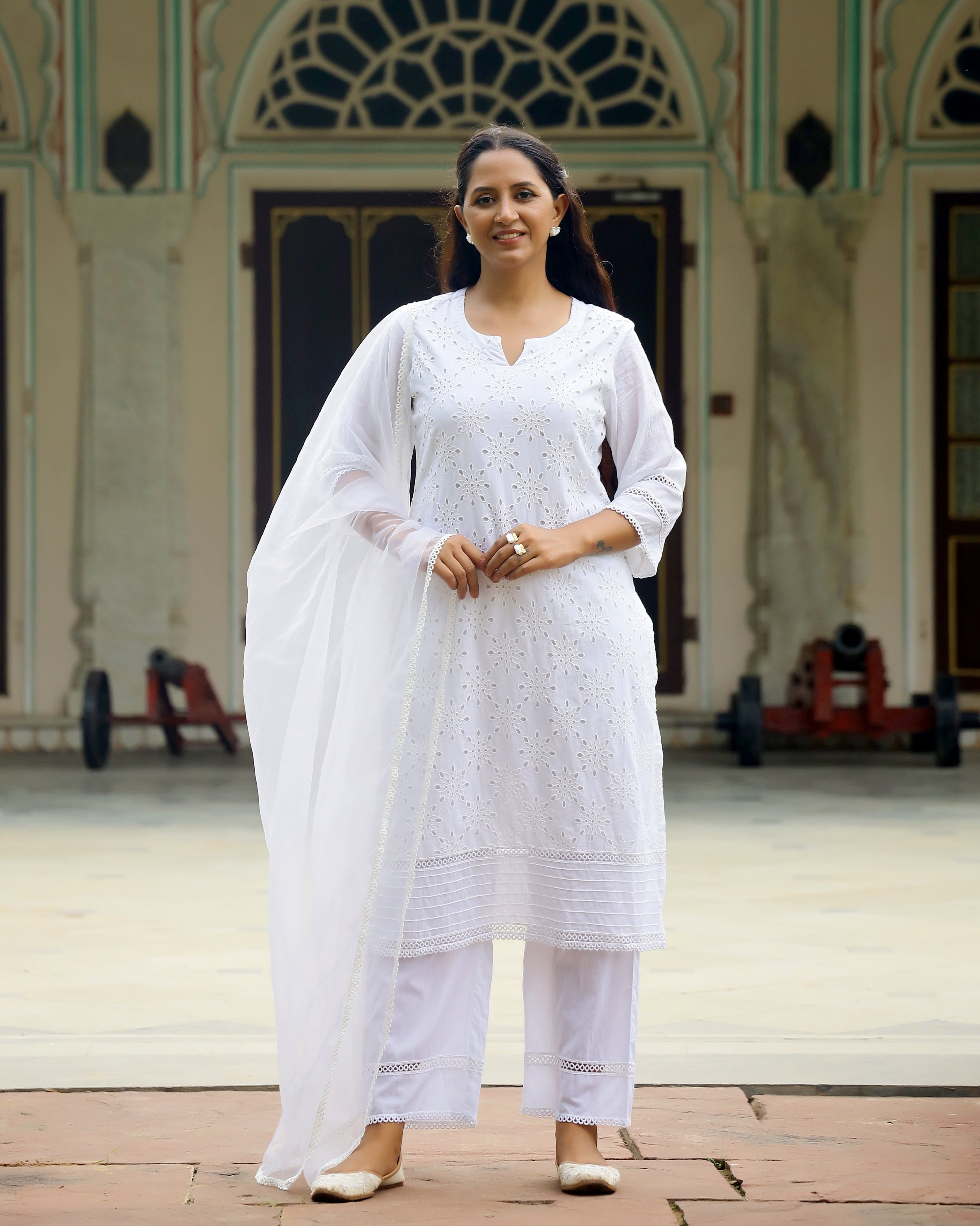 Ethereal White Schiffli Cotton Kurta Set with Organza Grace
