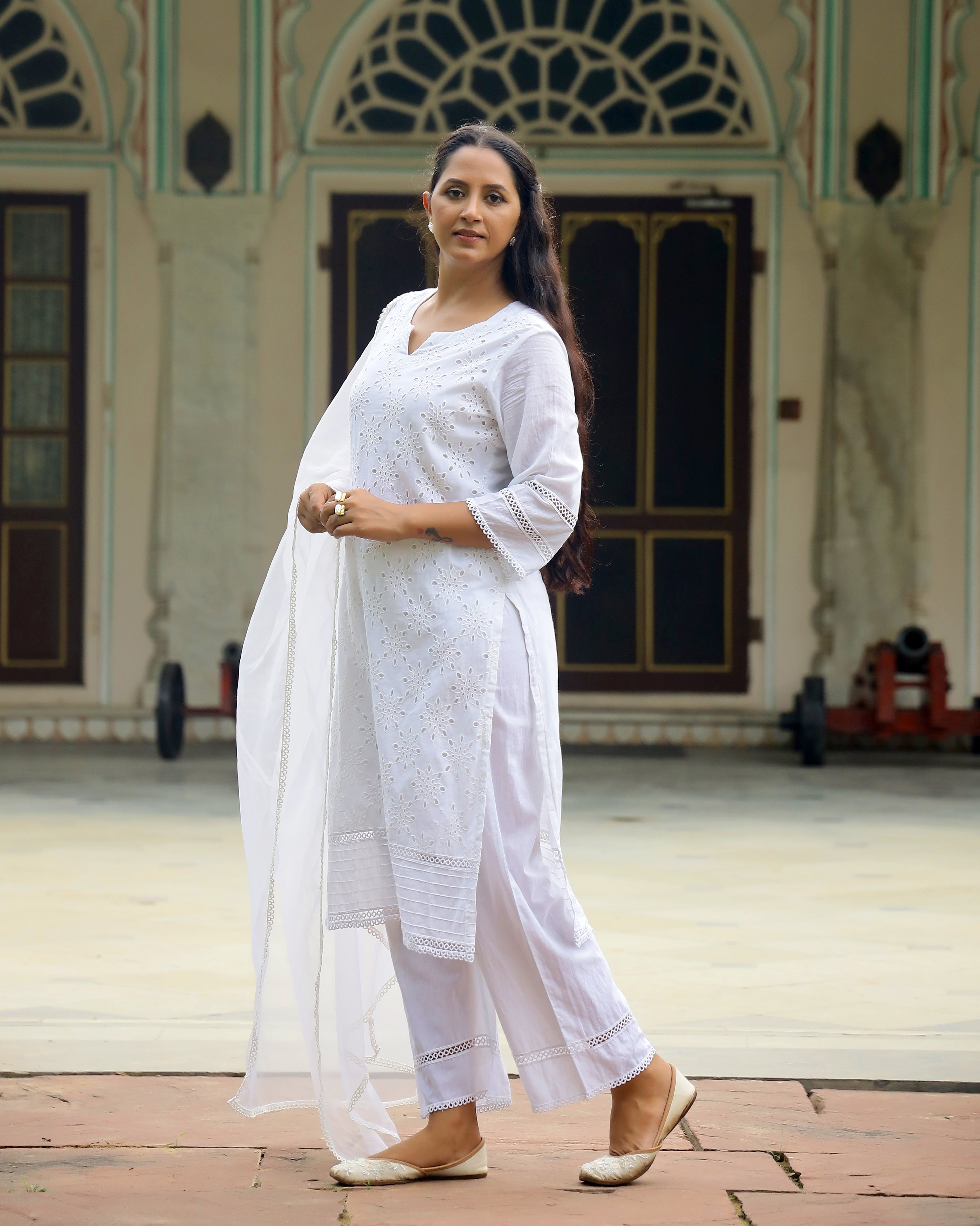 Ethereal White Schiffli Cotton Kurta Set with Organza Grace
