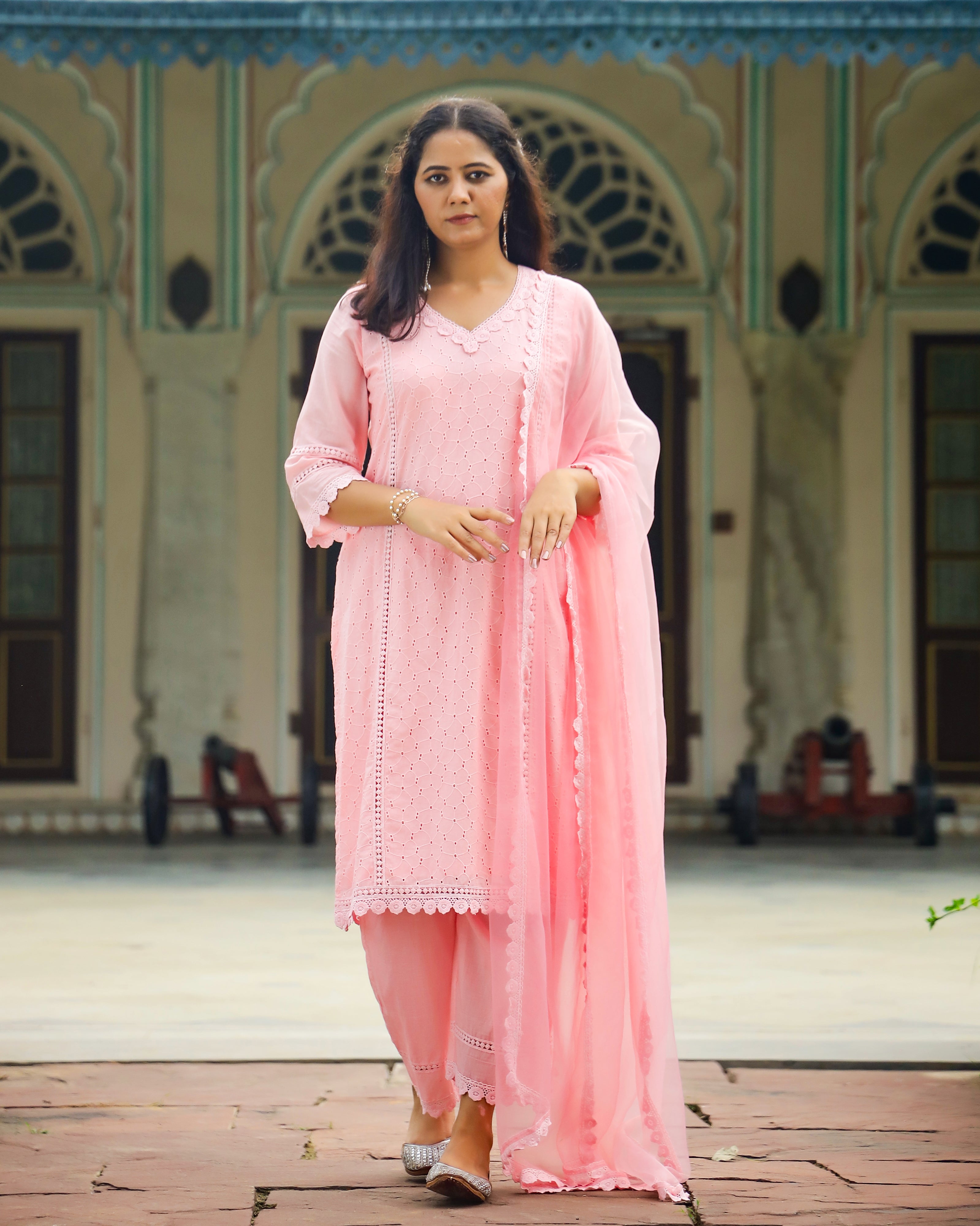 Blush Peach Schiffli Cotton Straight Suit Set