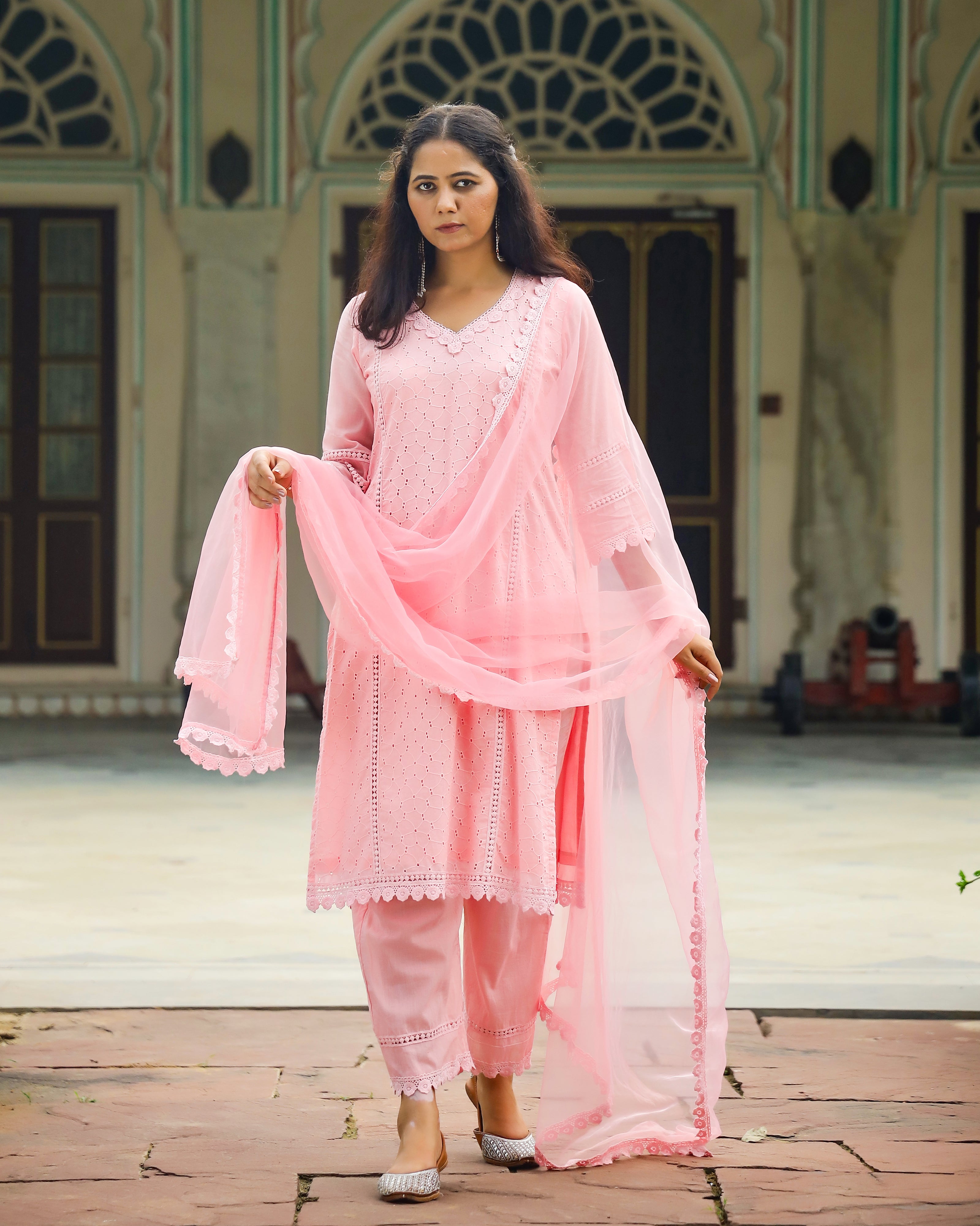 Blush Peach Schiffli Cotton Straight Suit Set