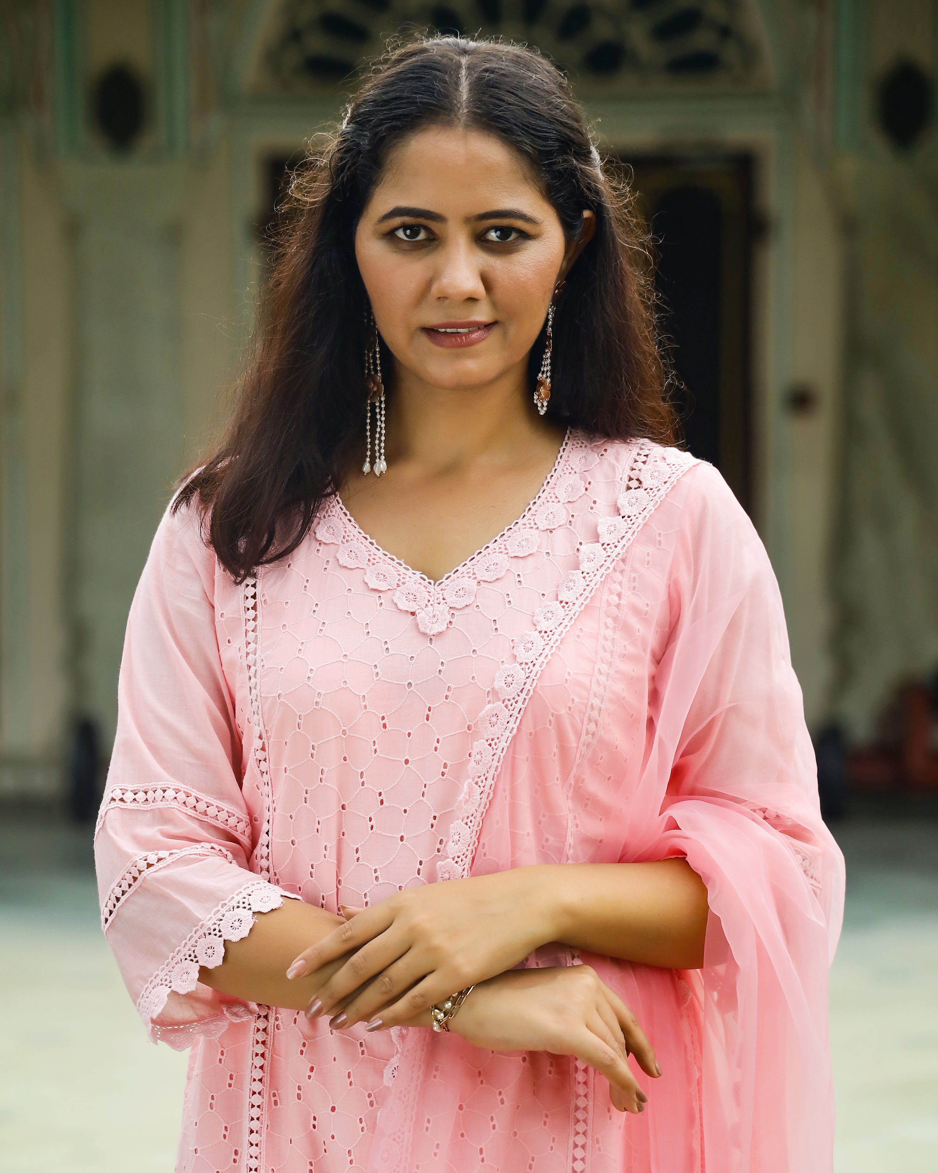 Blush Peach Schiffli Cotton Straight Suit Set