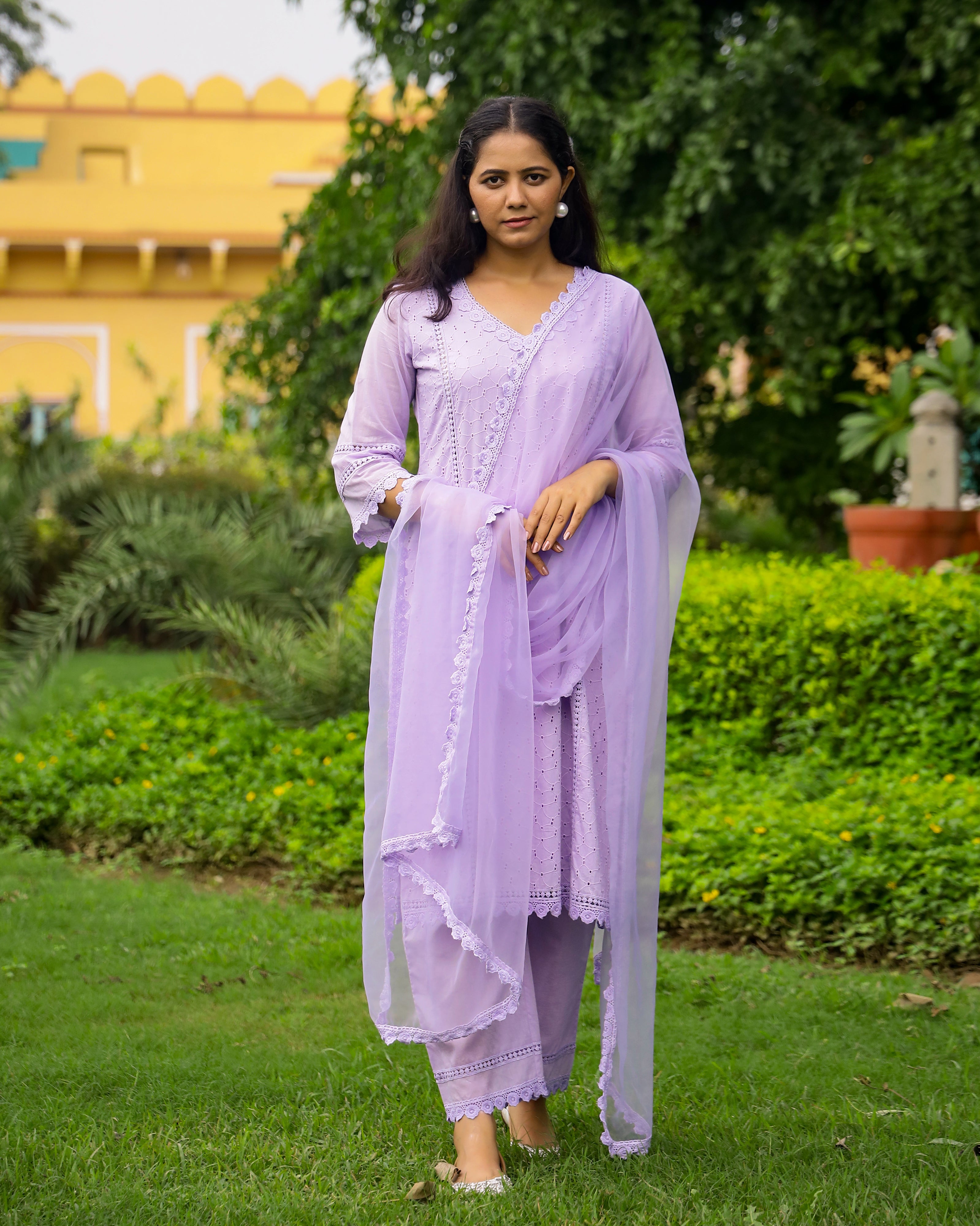 Lavender Cotton Schiffli Suit with Organza Dupatta
