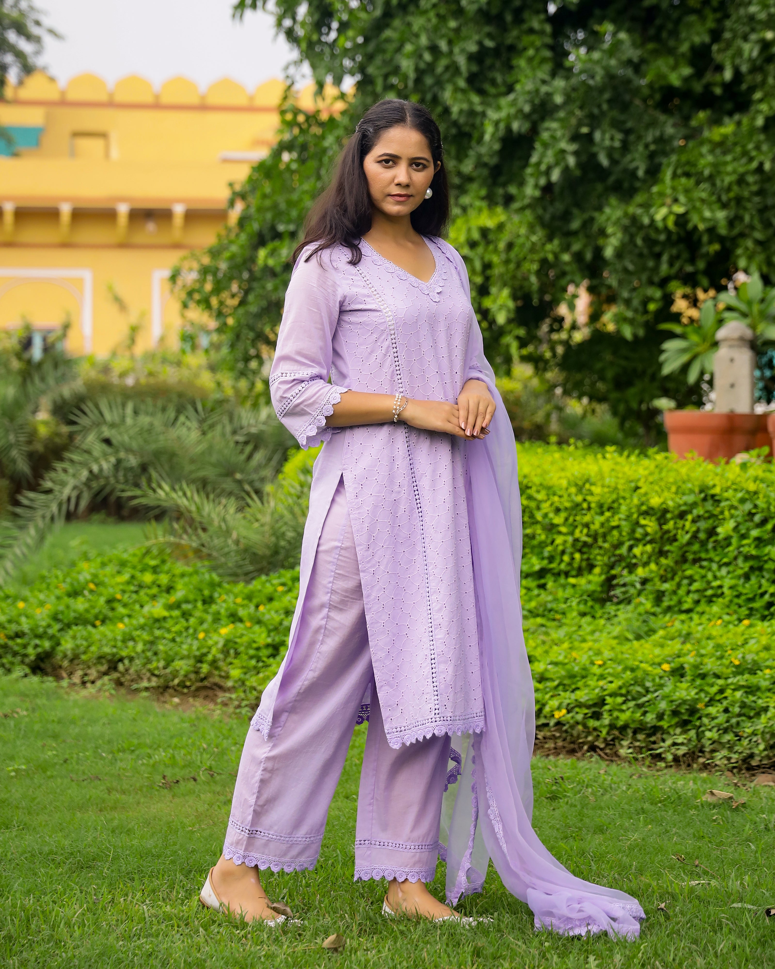 Lavender Cotton Schiffli Suit with Organza Dupatta