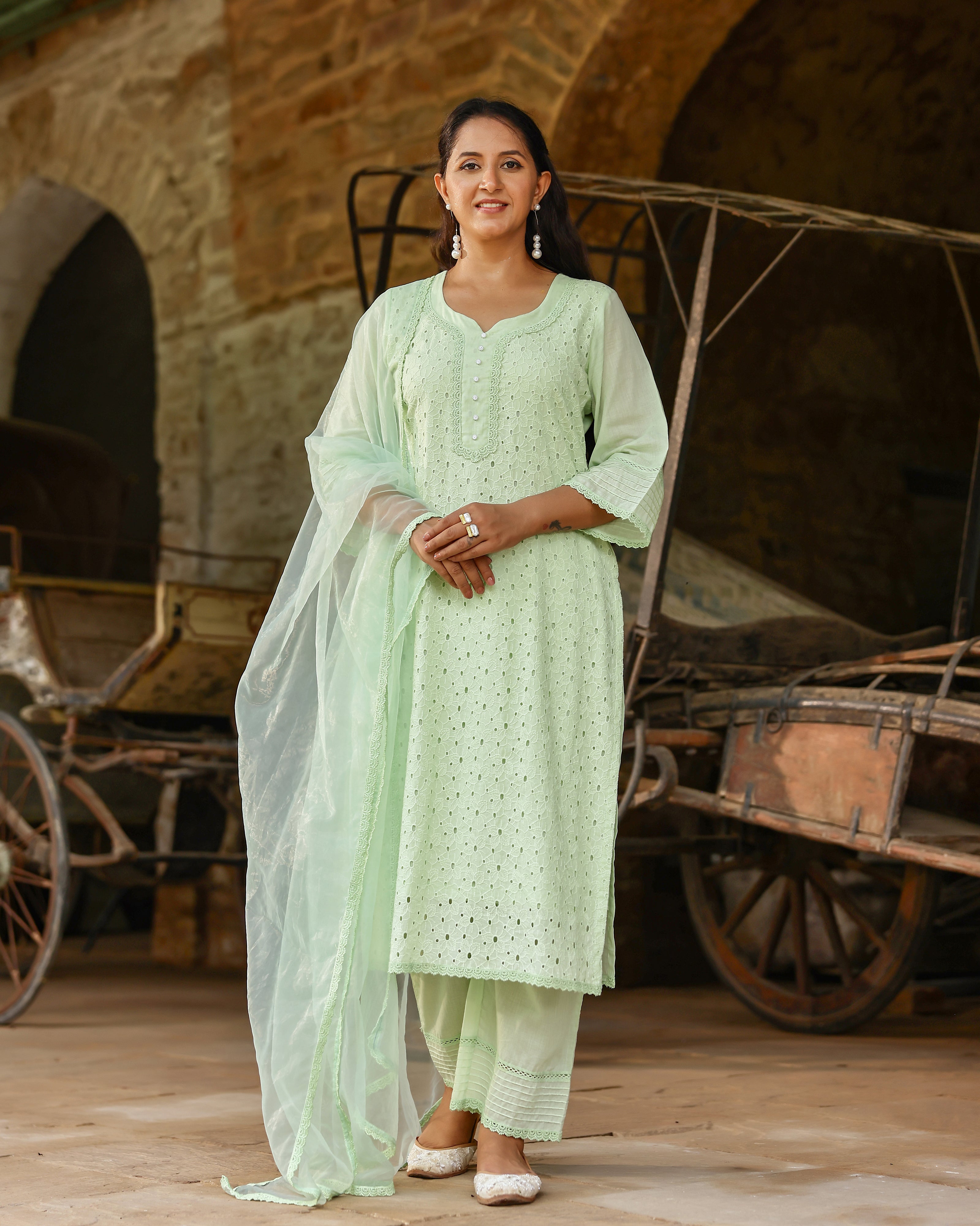 Mint Green Cotton Schiffli Suit Set with Organza Dupatta