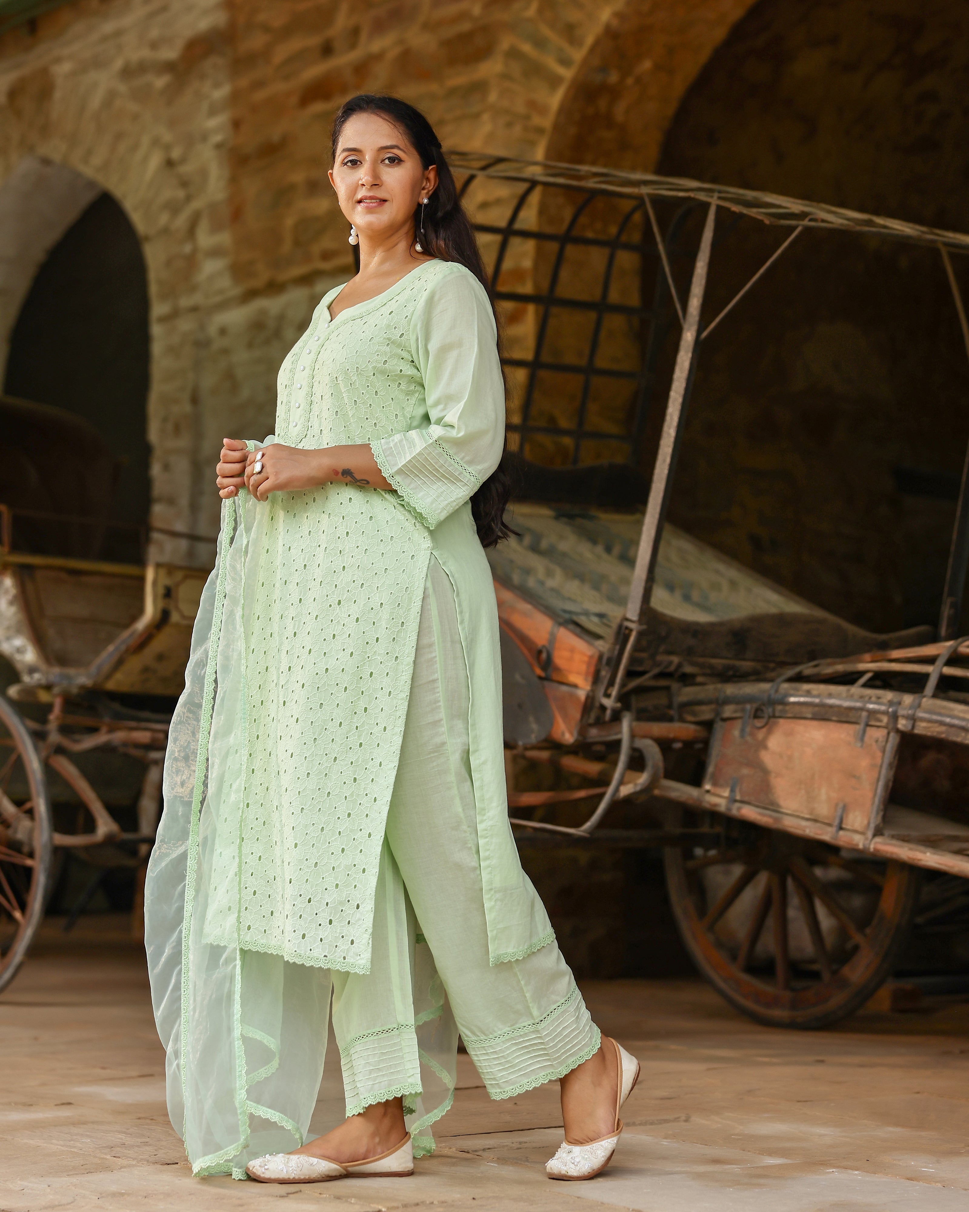 Mint Green Cotton Schiffli Suit Set with Organza Dupatta