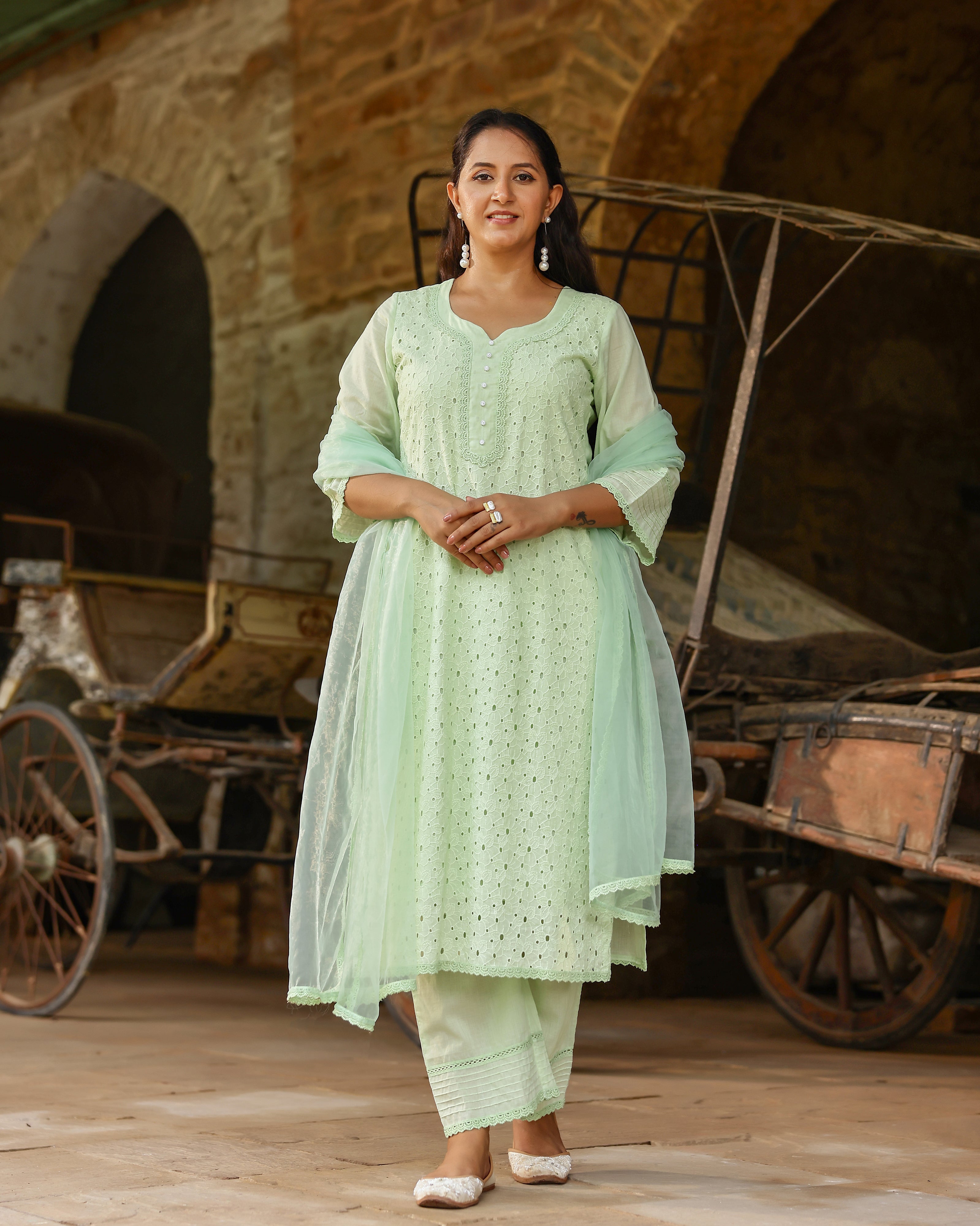 Mint Green Cotton Schiffli Suit Set with Organza Dupatta