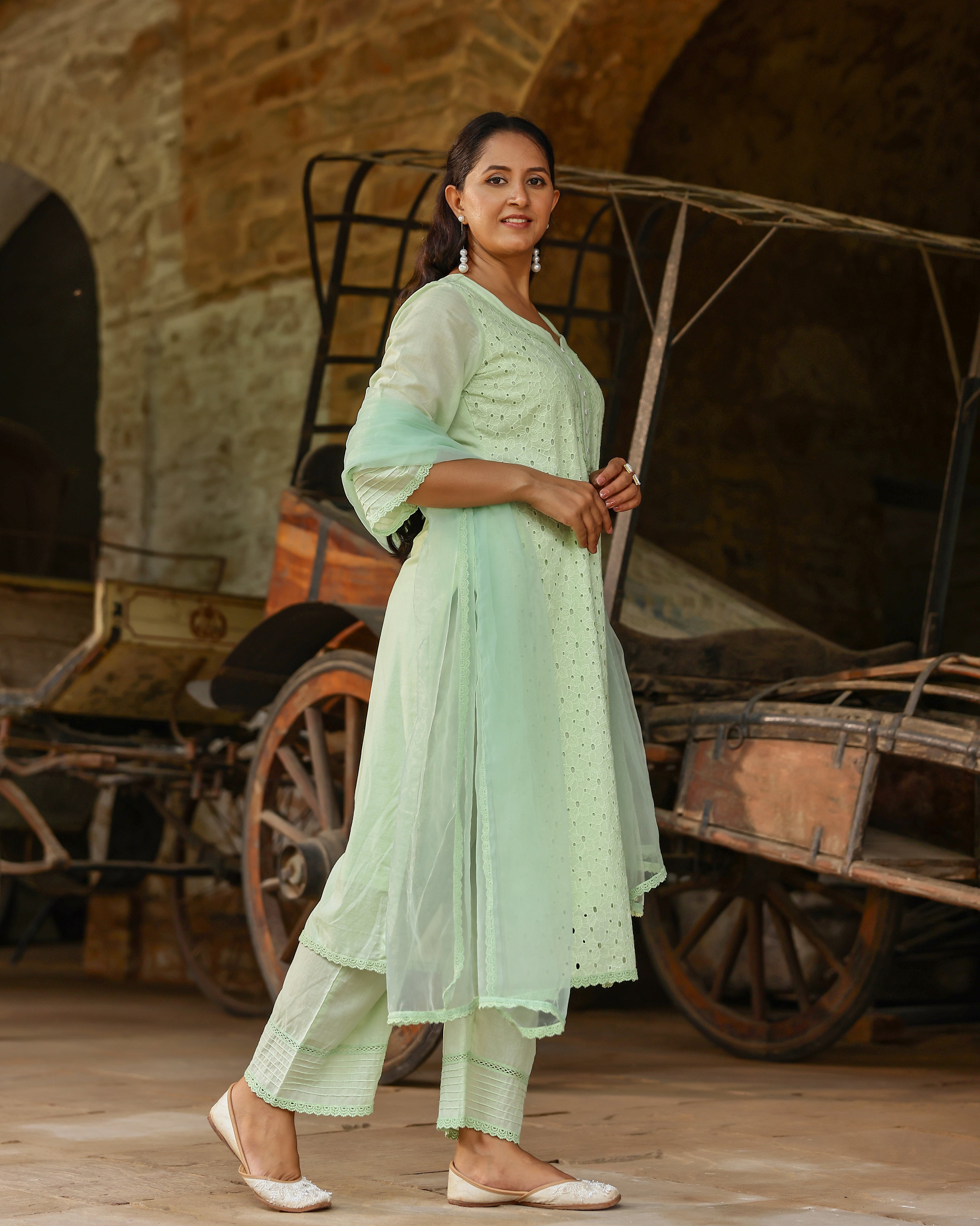 Mint Green Cotton Schiffli Suit Set with Organza Dupatta