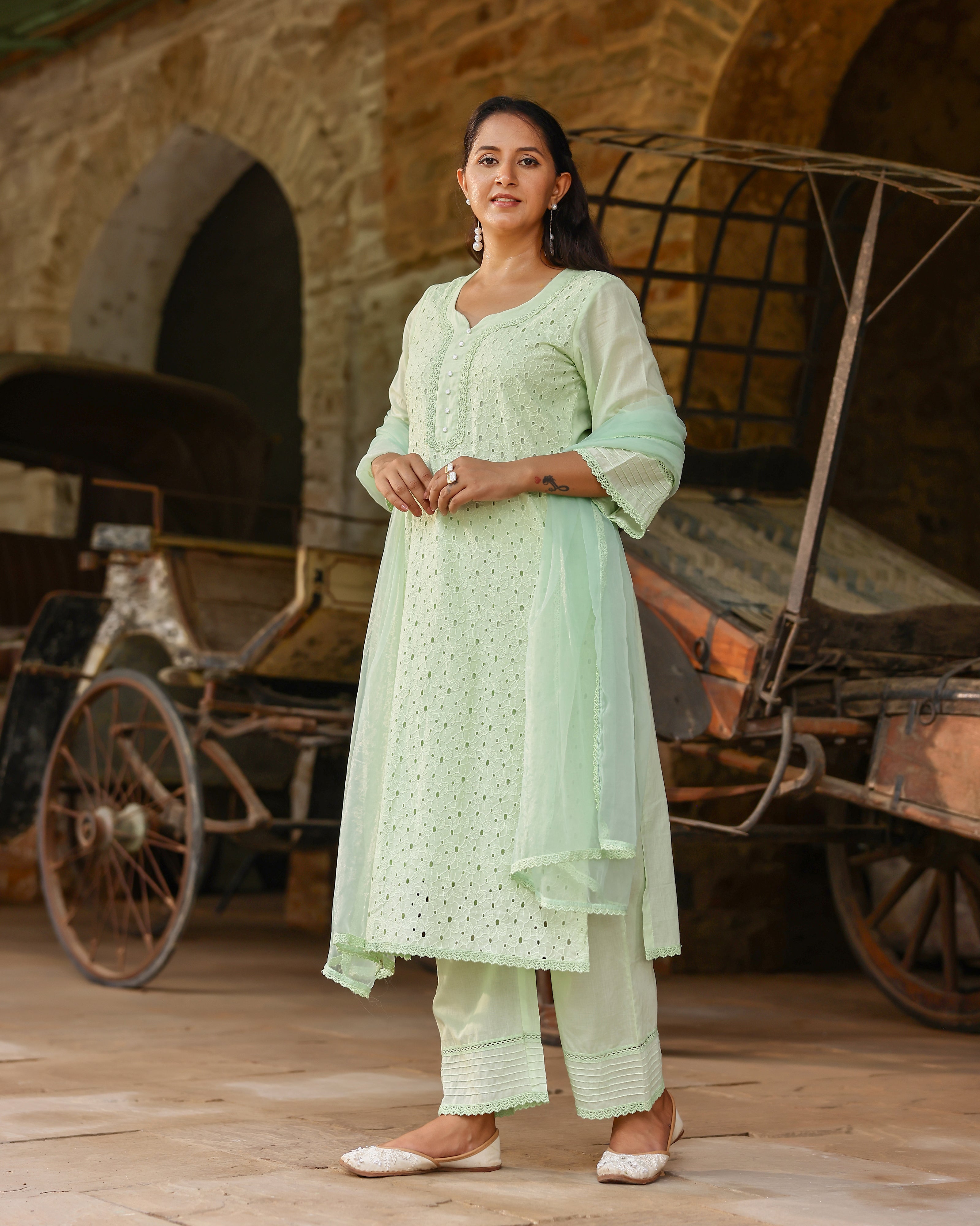 Mint Green Cotton Schiffli Suit Set with Organza Dupatta