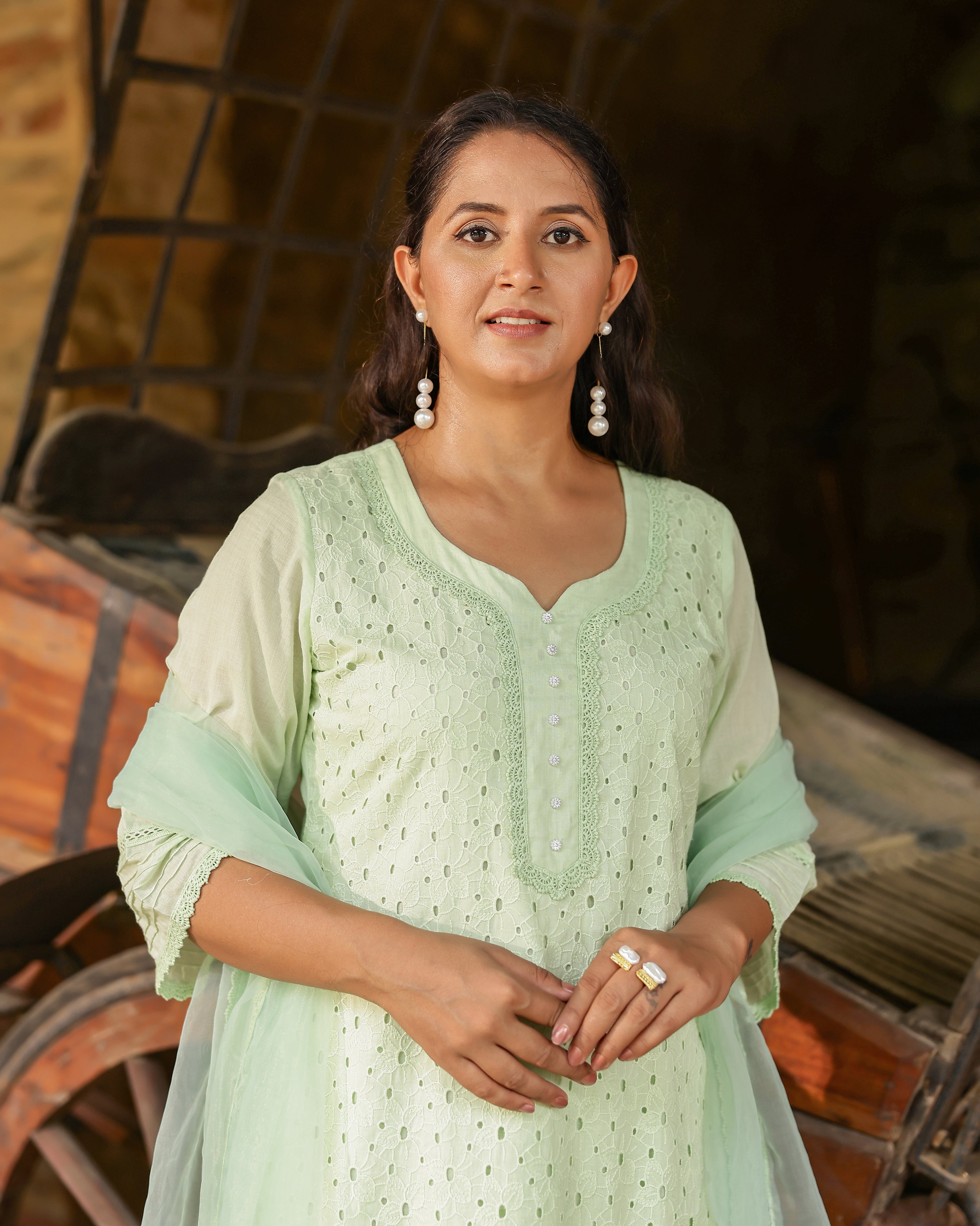 Mint Green Cotton Schiffli Suit Set with Organza Dupatta