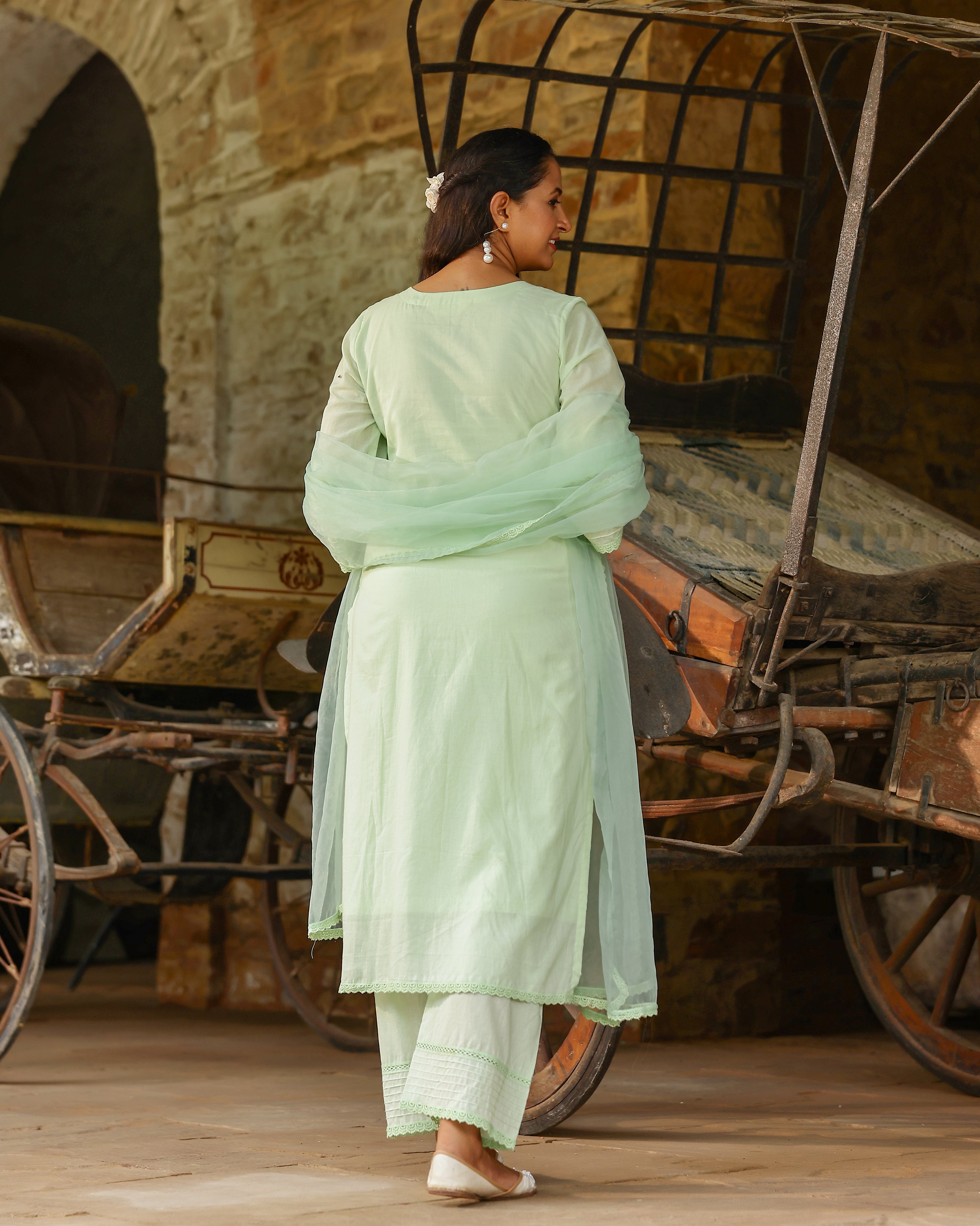 Mint Green Cotton Schiffli Suit Set with Organza Dupatta