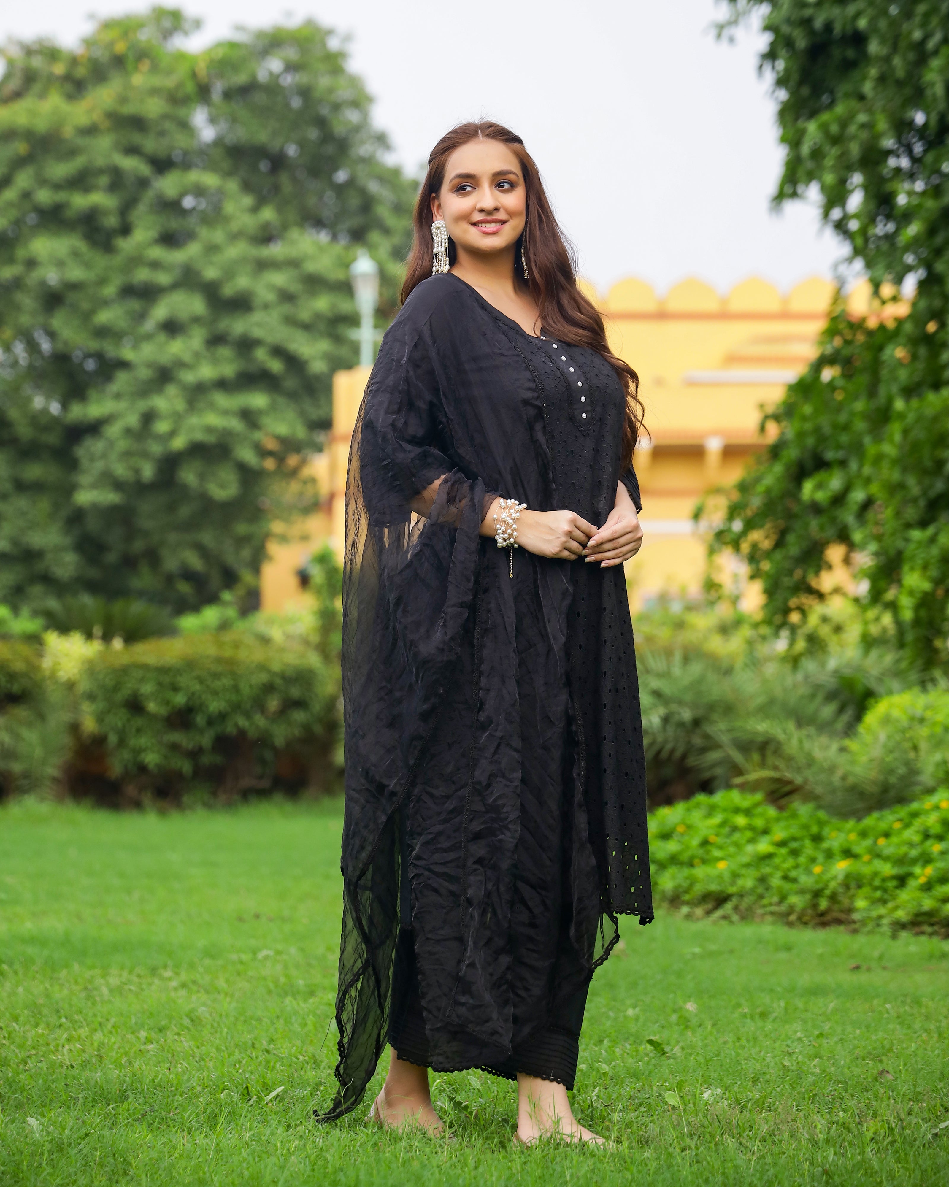 Coal Black Schiffli Cotton Suit Set with Organza Dupatta