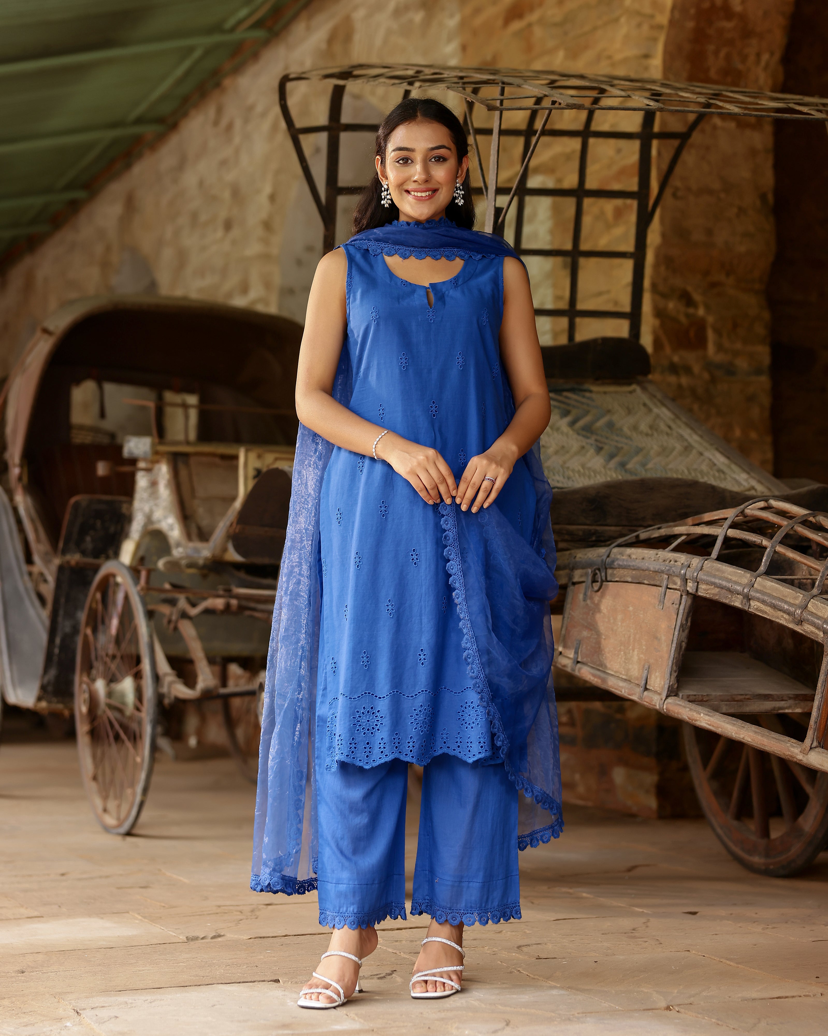 Royal Blue Schiffli Cotton Suit Set with Organza Dupatta
