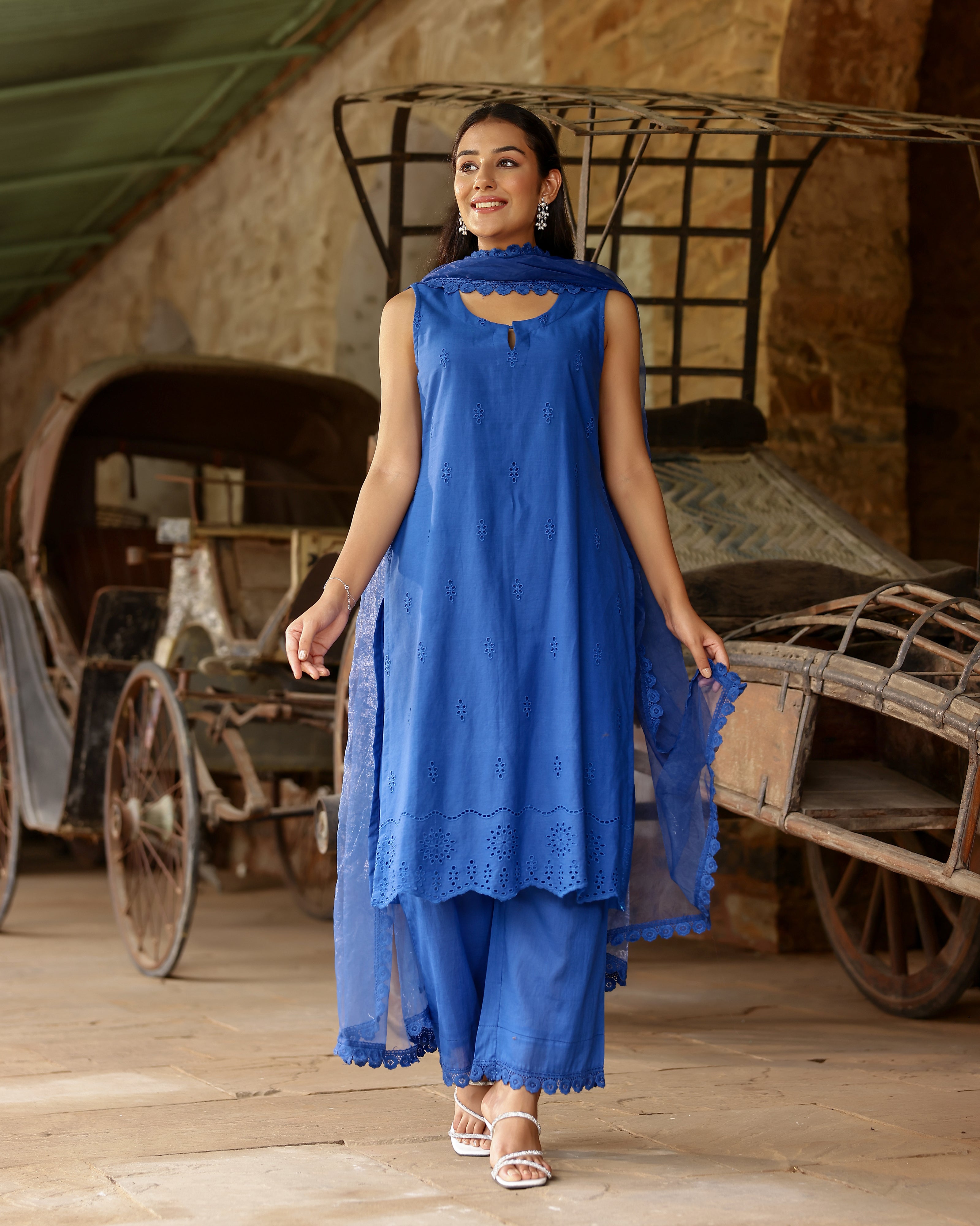 Royal Blue Schiffli Cotton Suit Set with Organza Dupatta