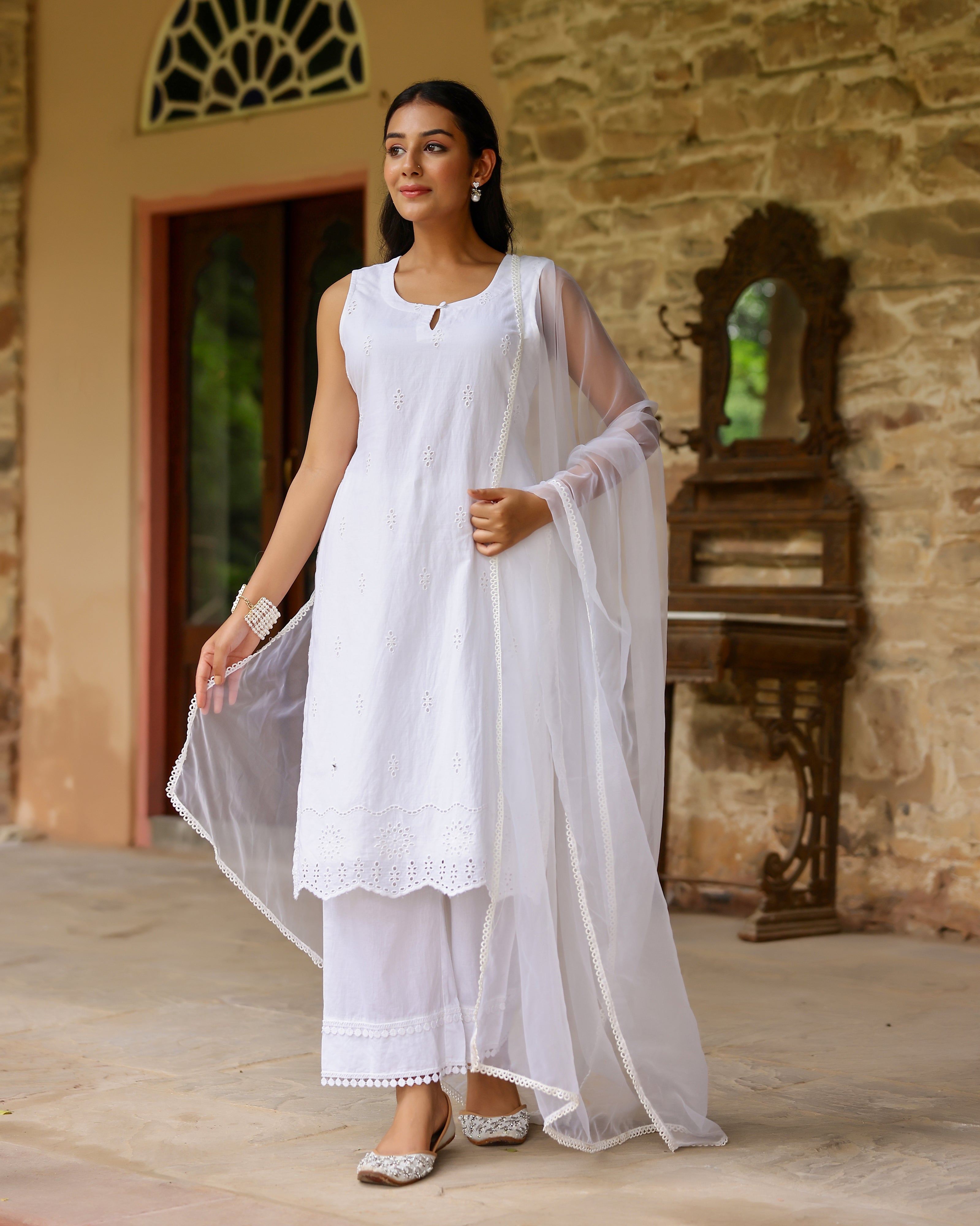 Ethereal White Schiffli Cotton Suit Set with Organza Dupatta