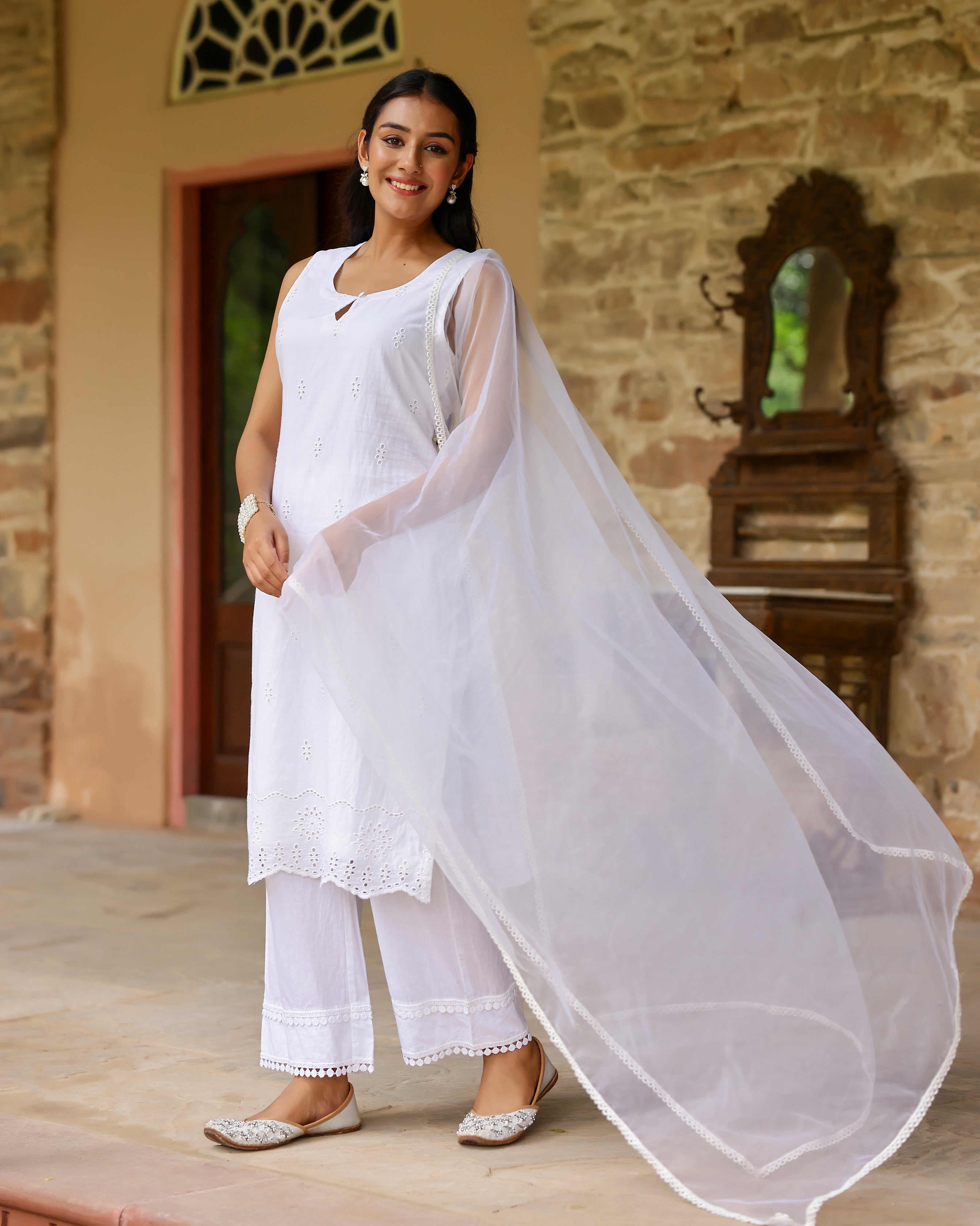 Ethereal White Schiffli Cotton Suit Set with Organza Dupatta