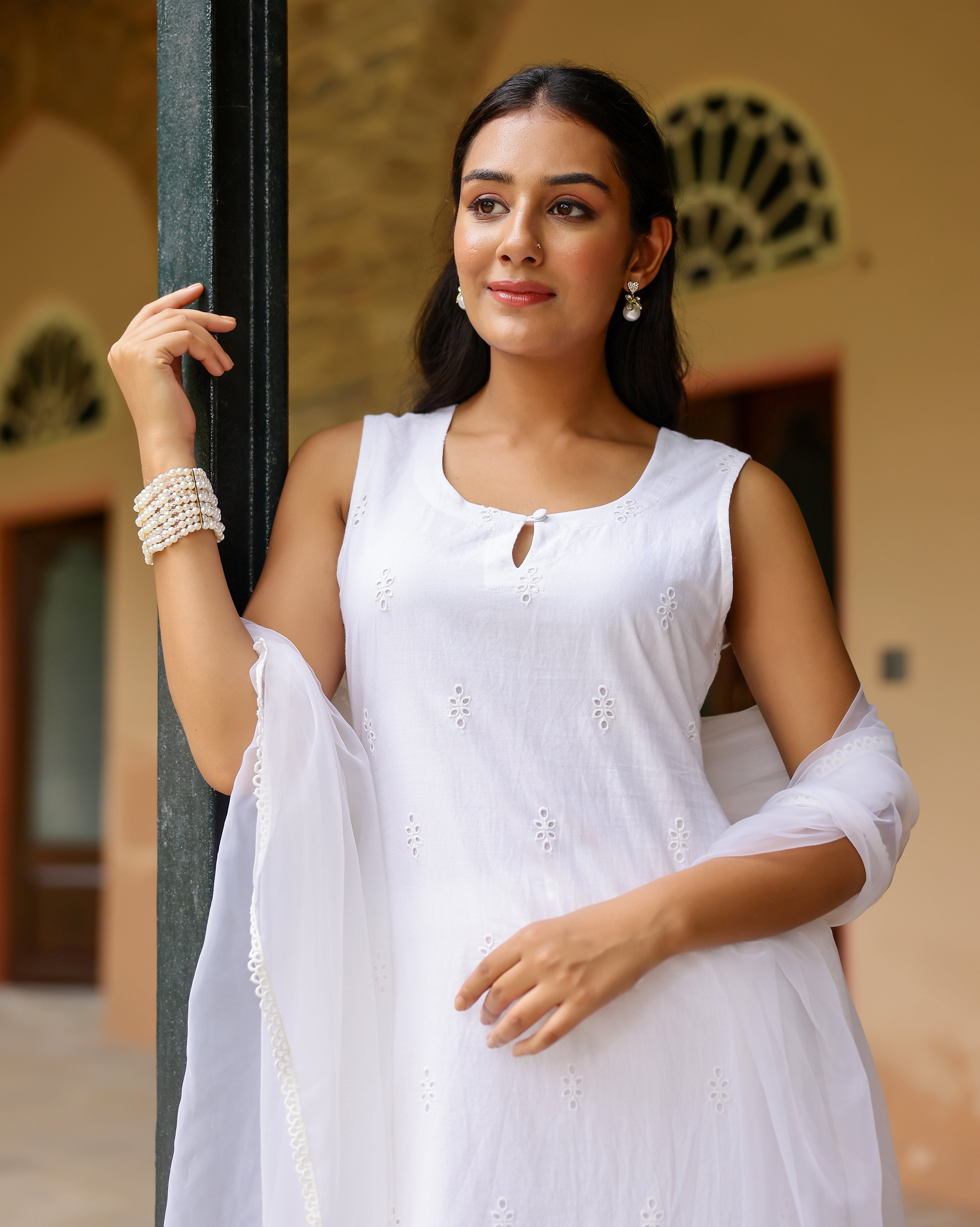 Ethereal White Schiffli Cotton Suit Set with Organza Dupatta