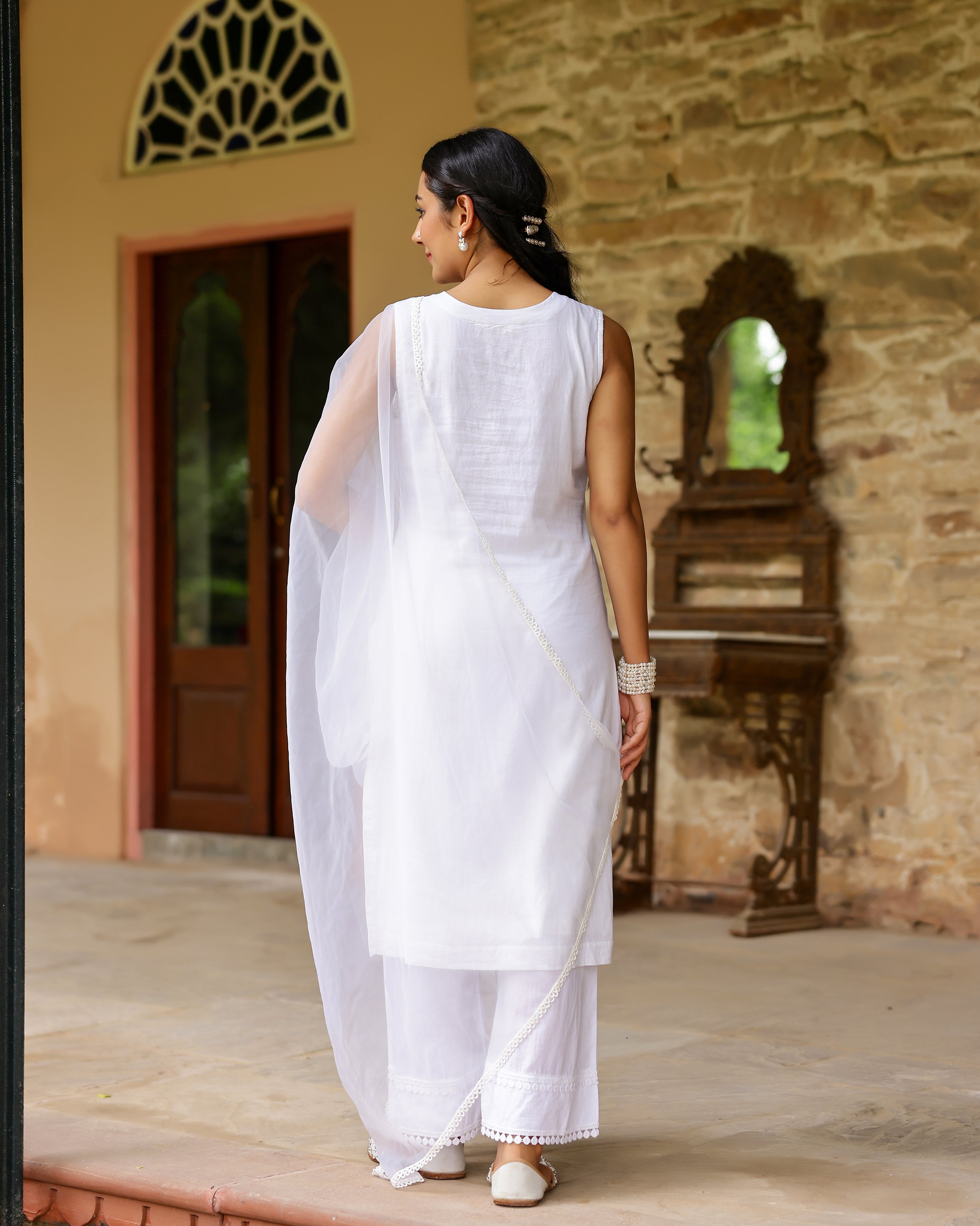 Ethereal White Schiffli Cotton Suit Set with Organza Dupatta