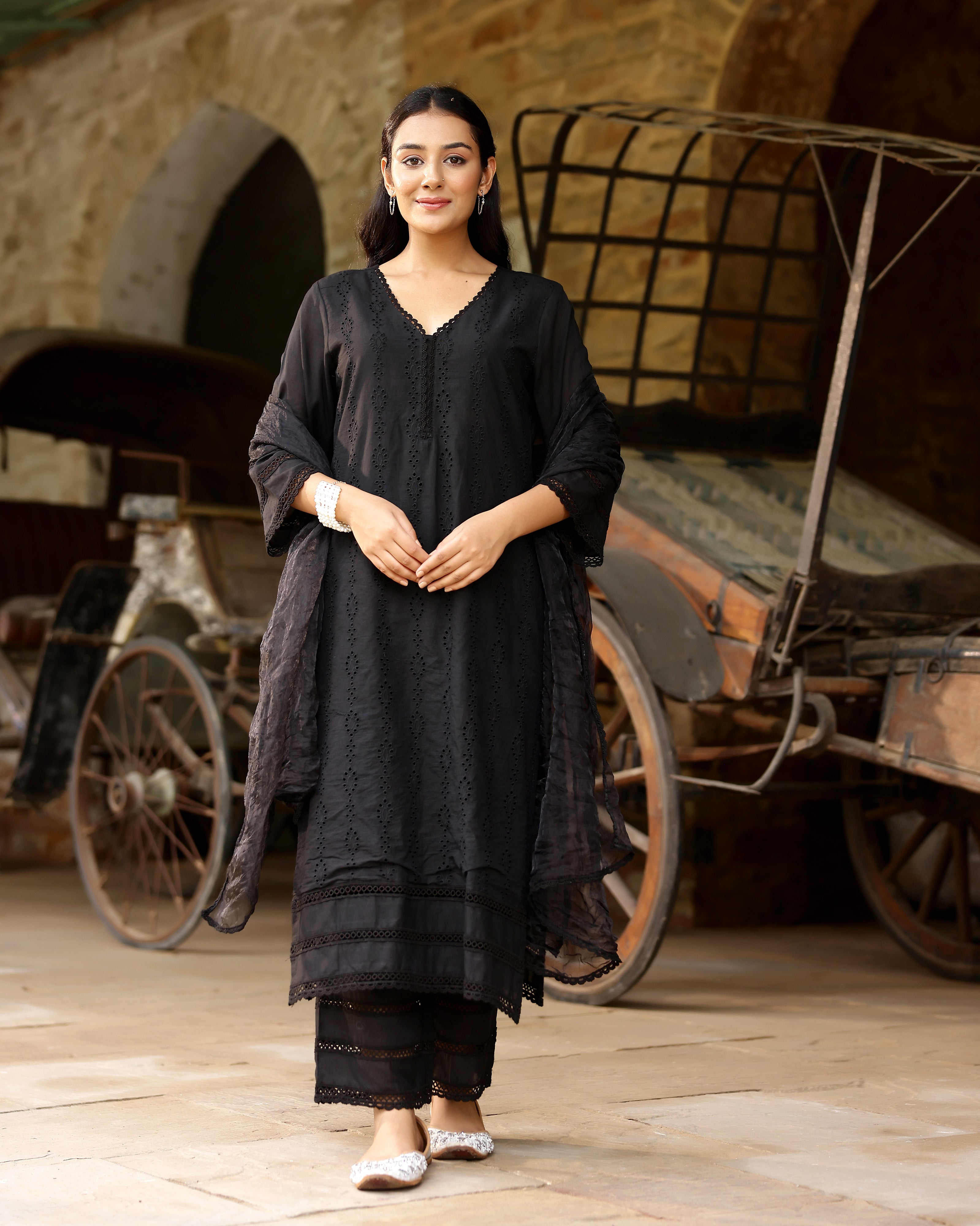 Elegant Black Schiffli Cotton Suit Set with Organza Dupatta