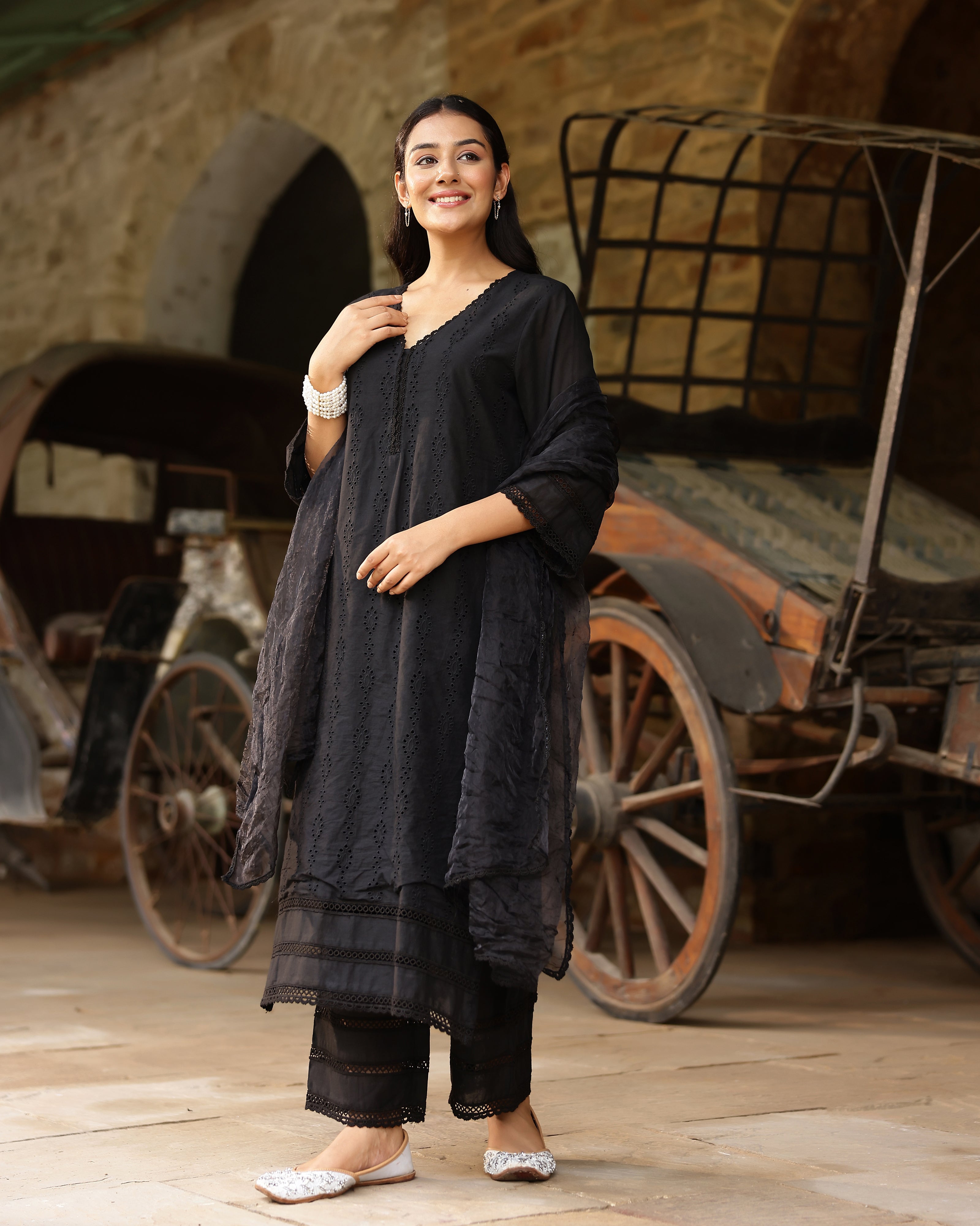 Elegant Black Schiffli Cotton Suit Set with Organza Dupatta