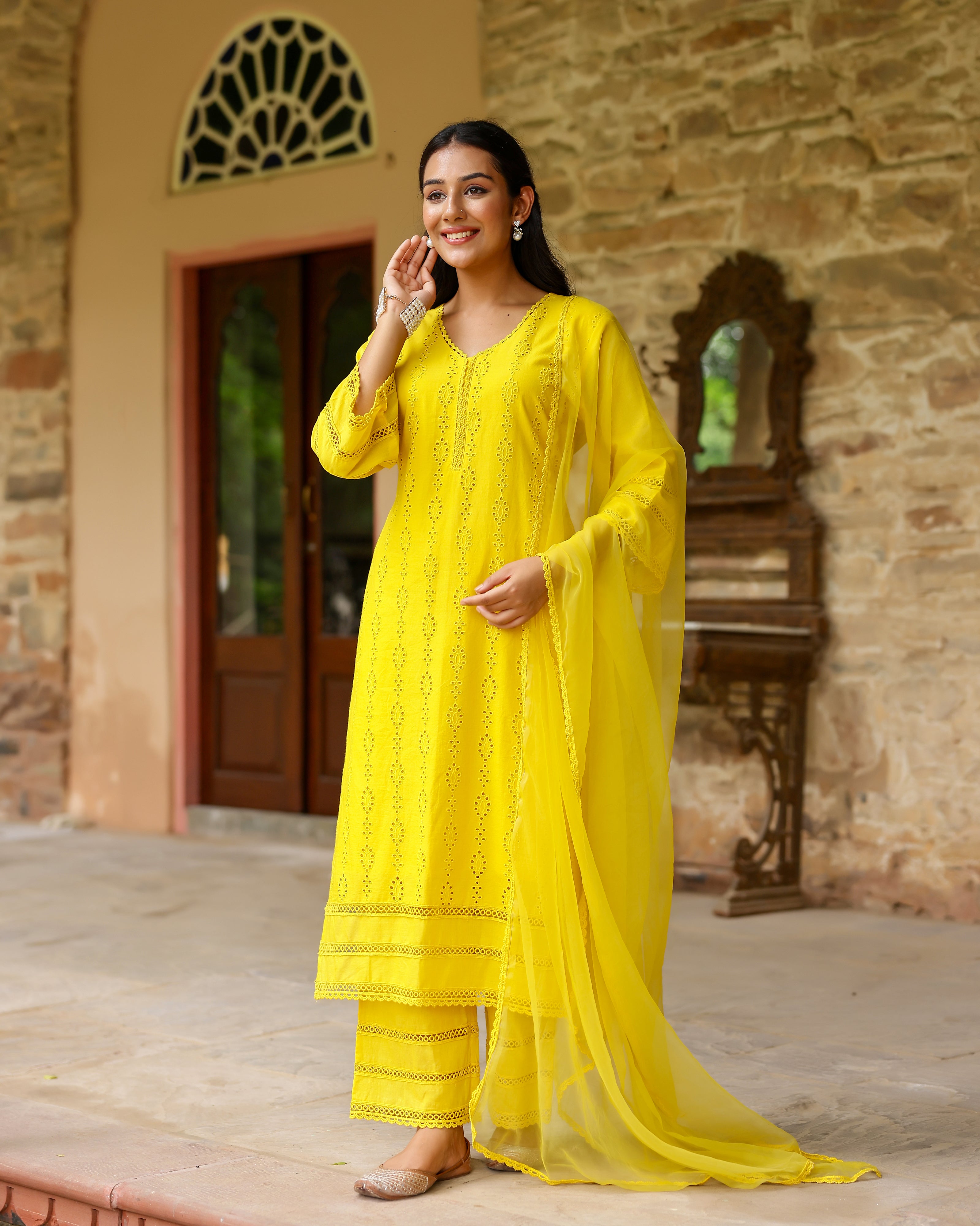 Sunlit Yellow Schiffli Cotton Suit Set with Organza Dupatta