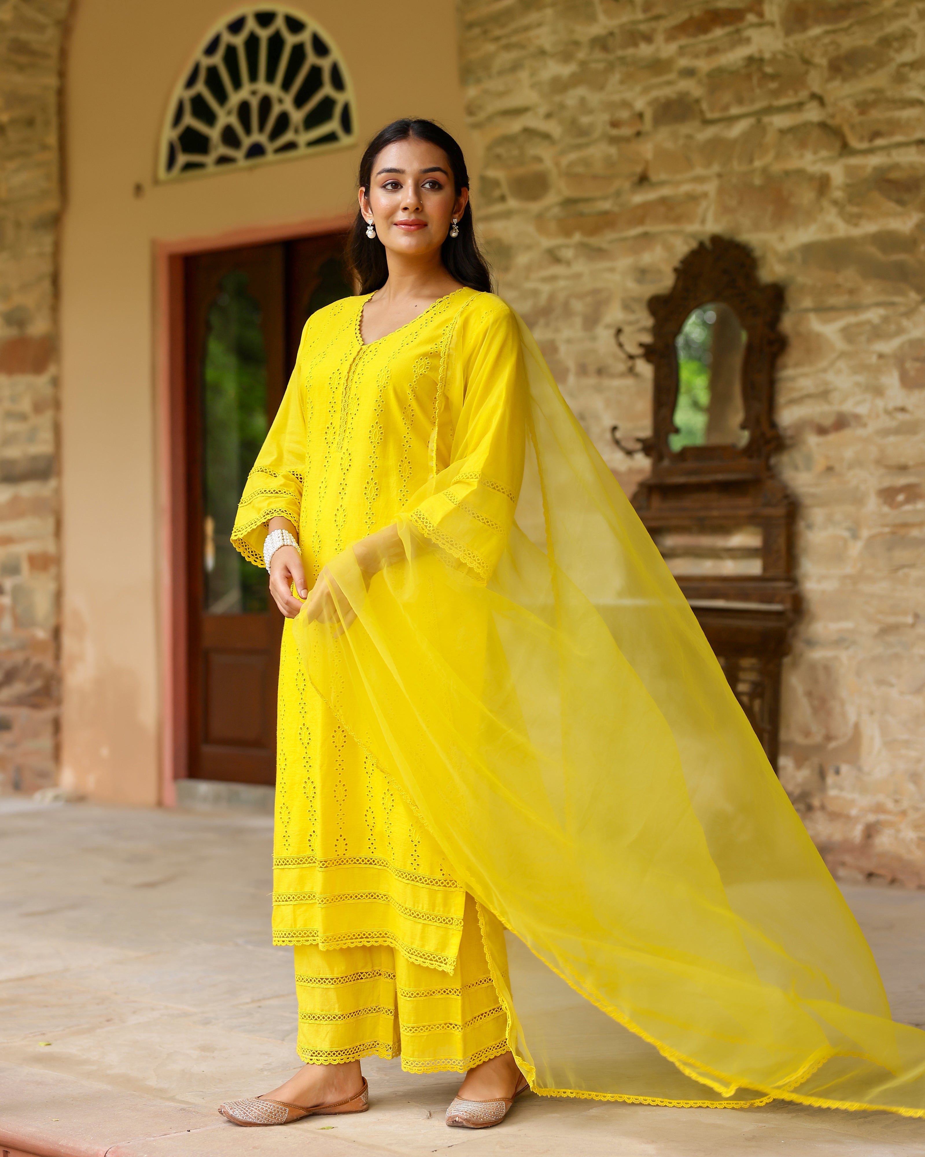 Sunlit Yellow Schiffli Cotton Suit Set with Organza Dupatta