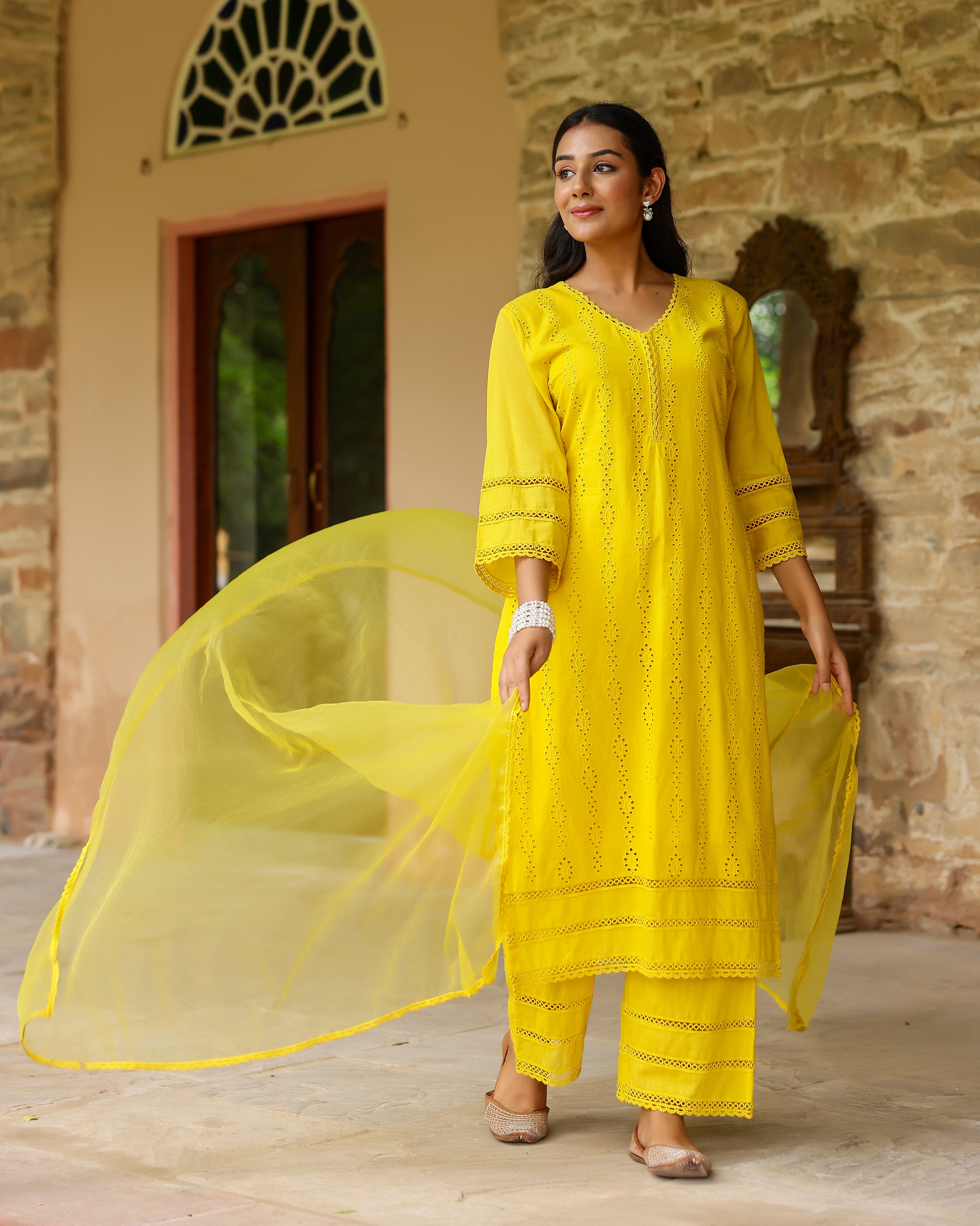 Sunlit Yellow Schiffli Cotton Suit Set with Organza Dupatta