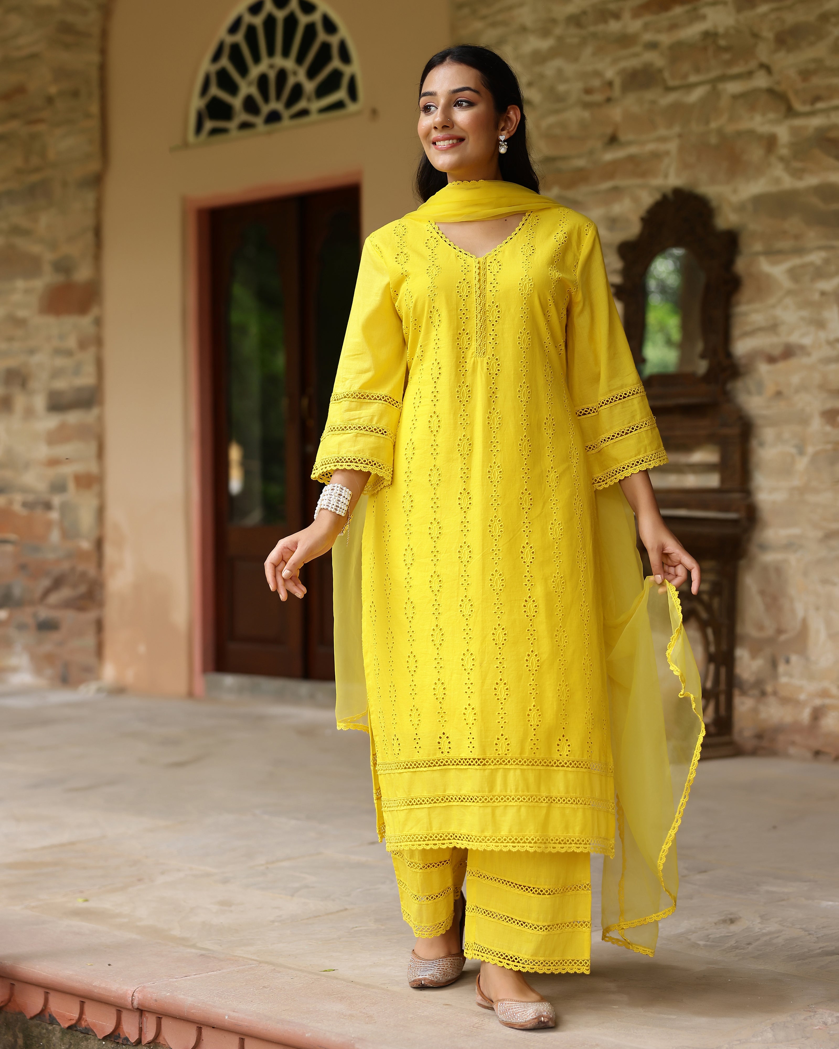 Sunlit Yellow Schiffli Cotton Suit Set with Organza Dupatta