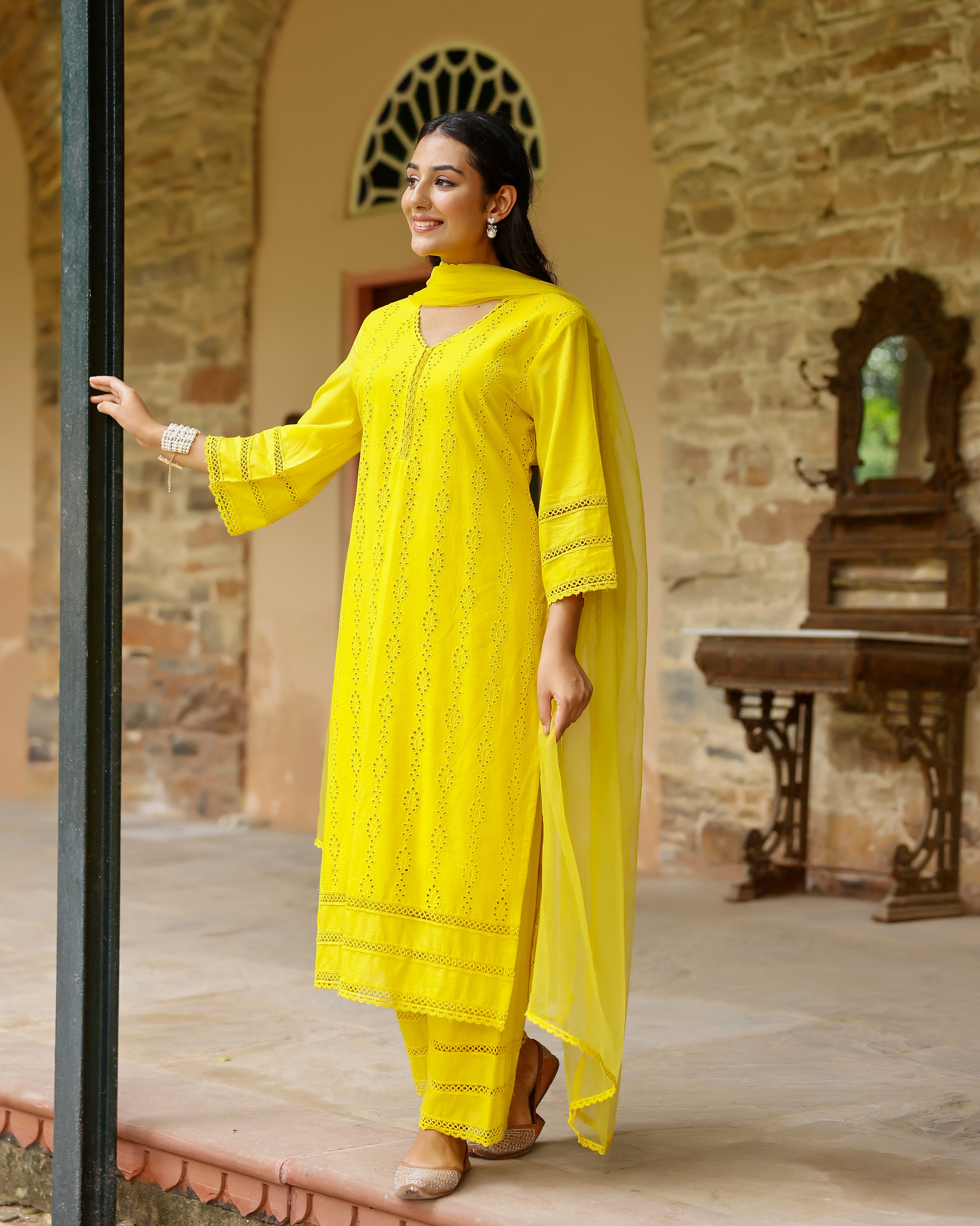 Sunlit Yellow Schiffli Cotton Suit Set with Organza Dupatta