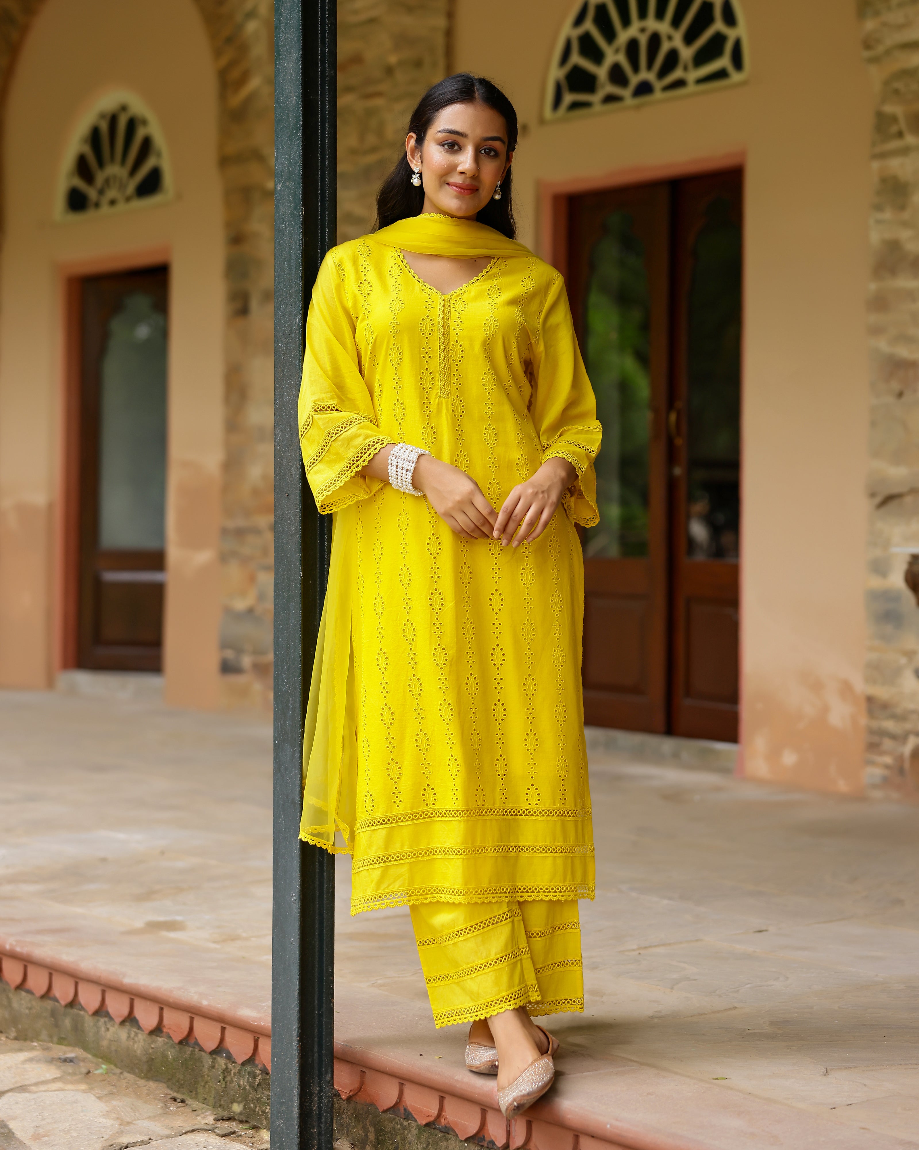 Sunlit Yellow Schiffli Cotton Suit Set with Organza Dupatta