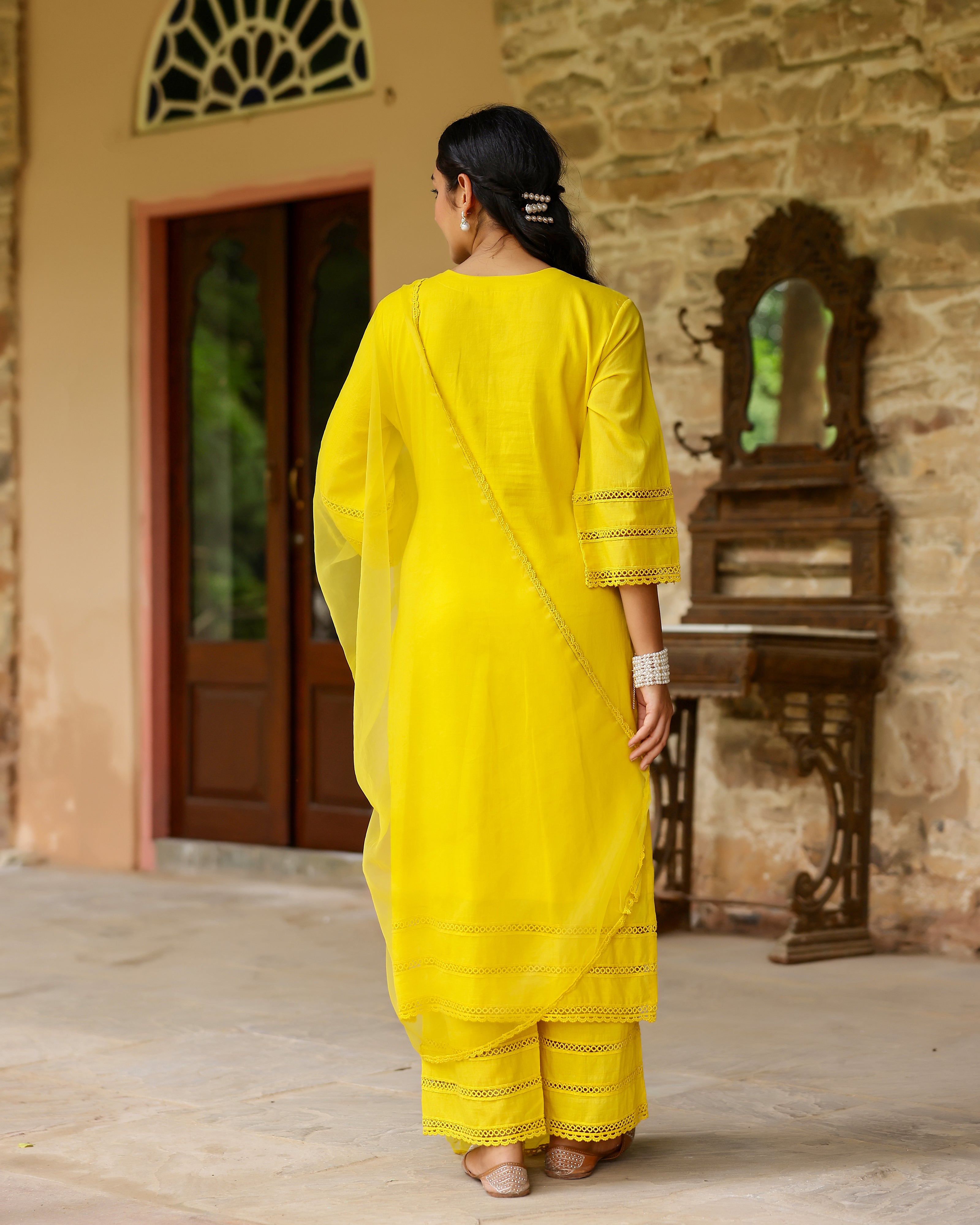 Sunlit Yellow Schiffli Cotton Suit Set with Organza Dupatta