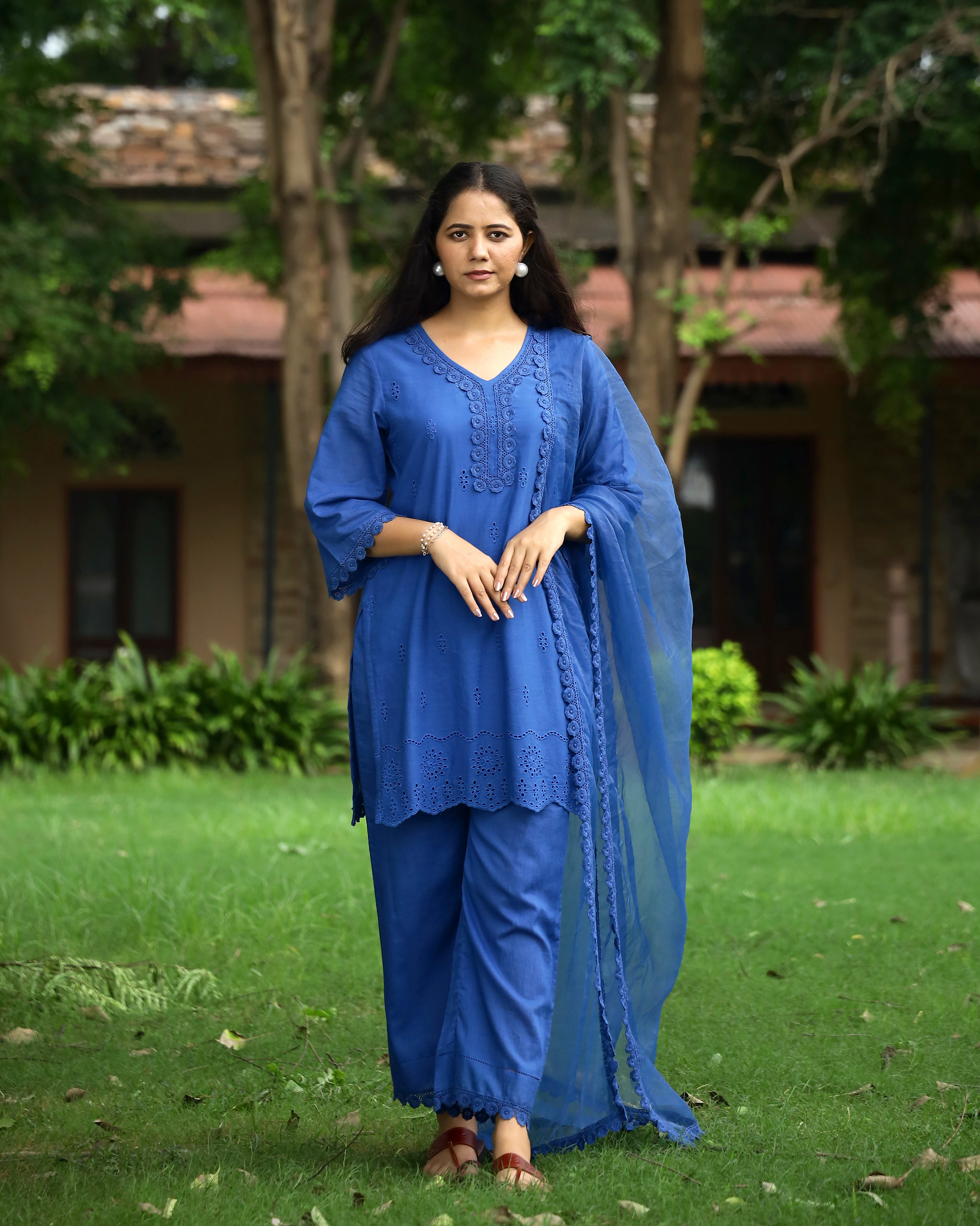 Serene Blue Schiffli Cotton Suit Set with Organza Dupatta