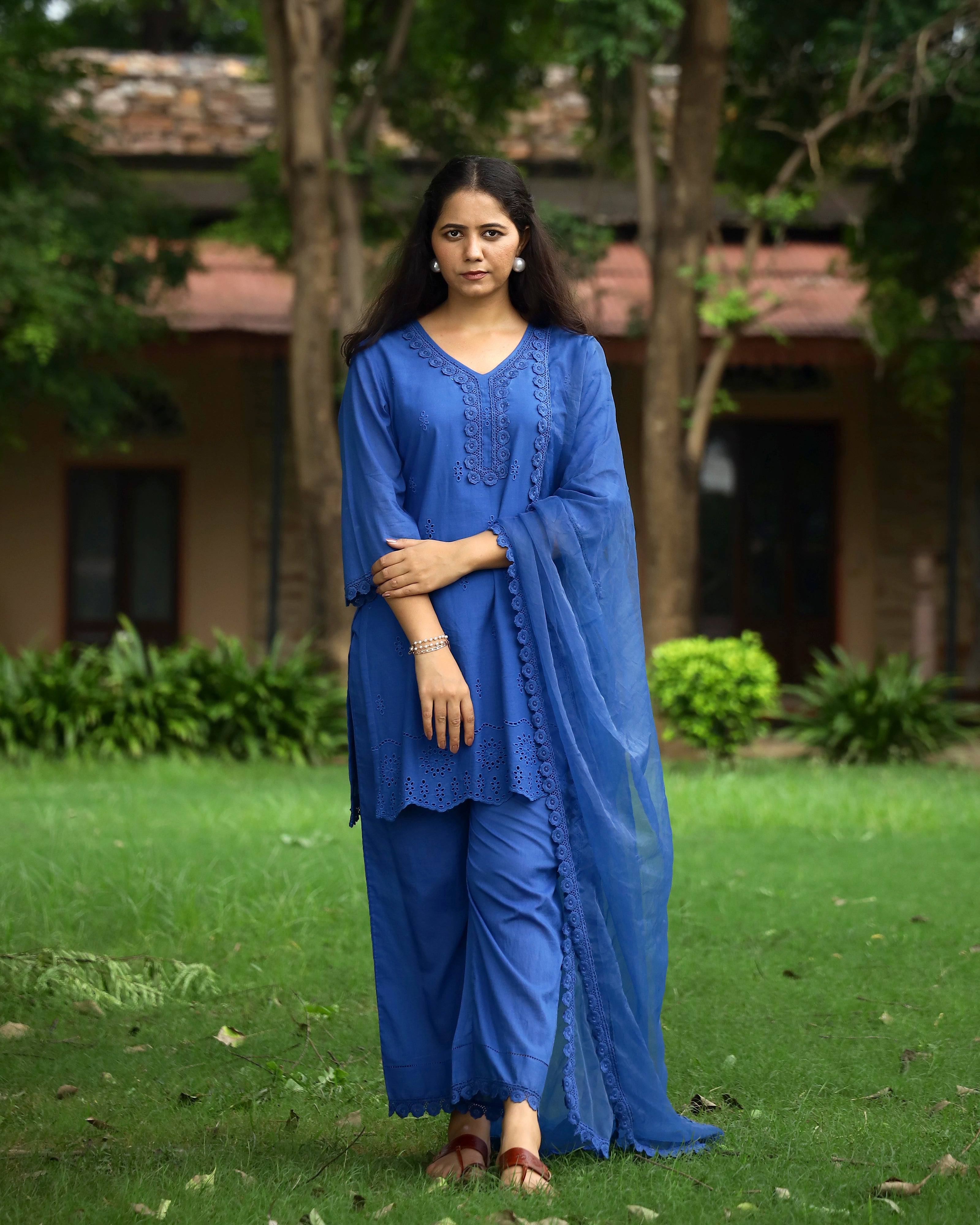 Serene Blue Schiffli Cotton Suit Set with Organza Dupatta