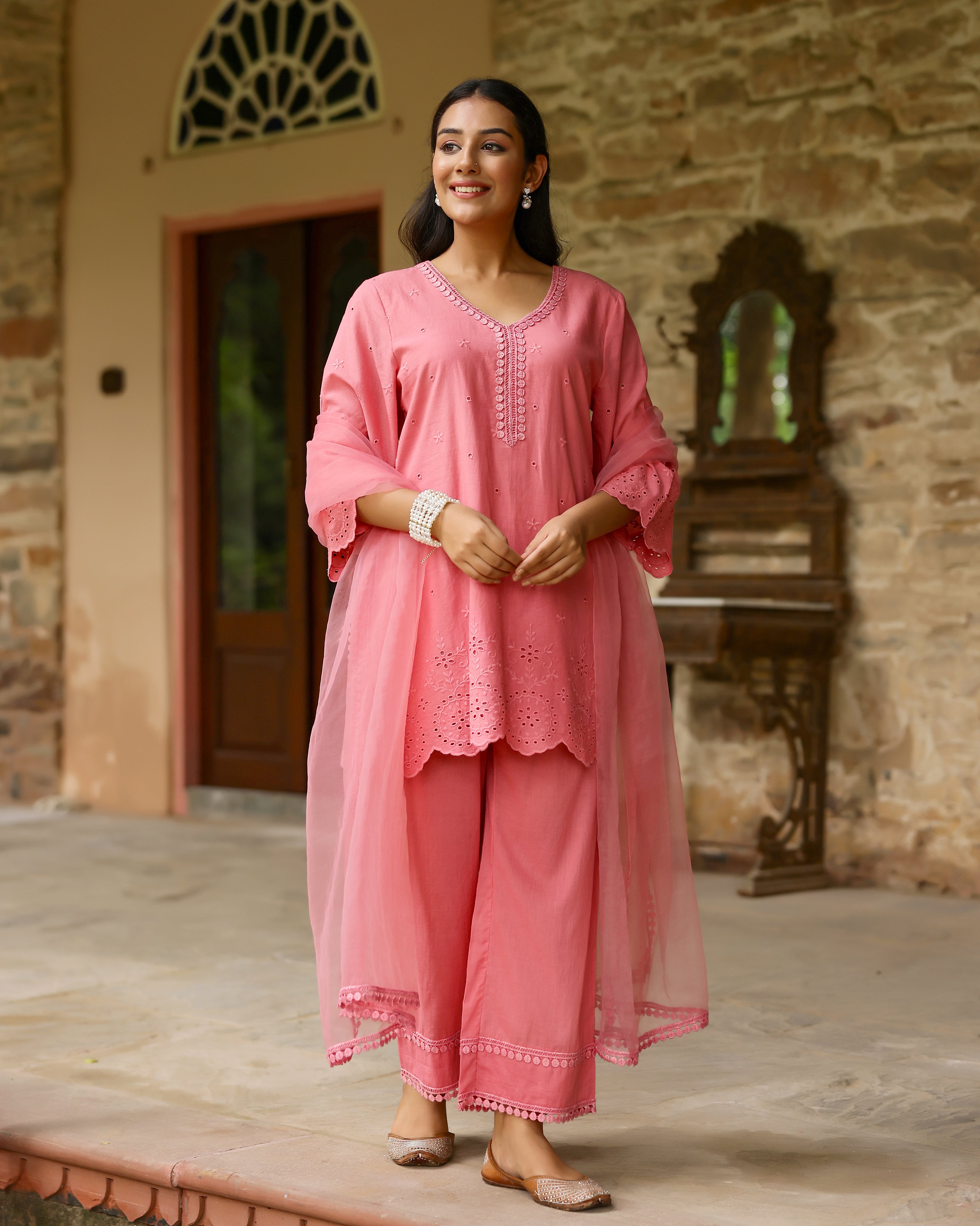 Radiant Coral Schiffli Cotton Suit Set with Organza Dupatta