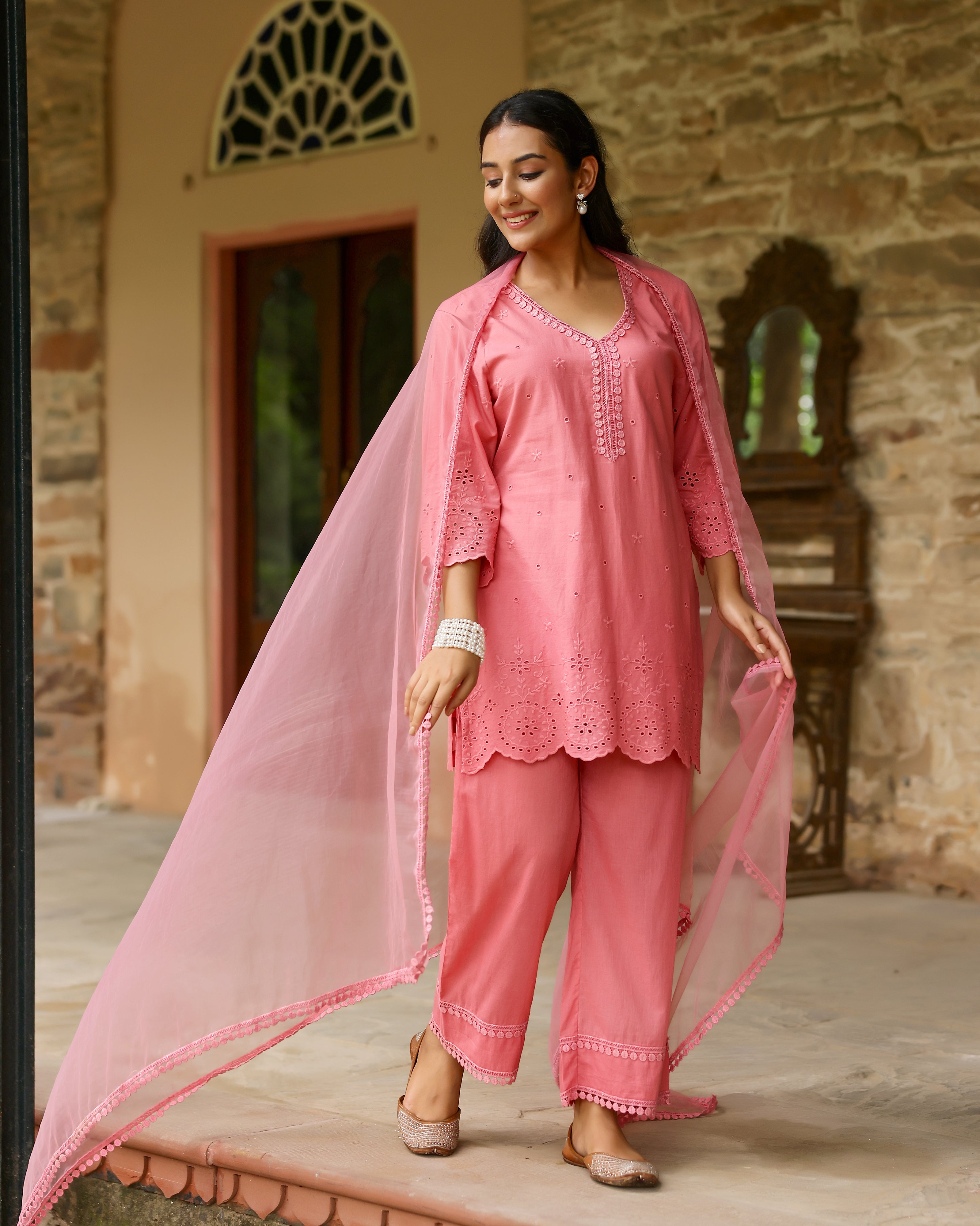 Radiant Coral Schiffli Cotton Suit Set with Organza Dupatta