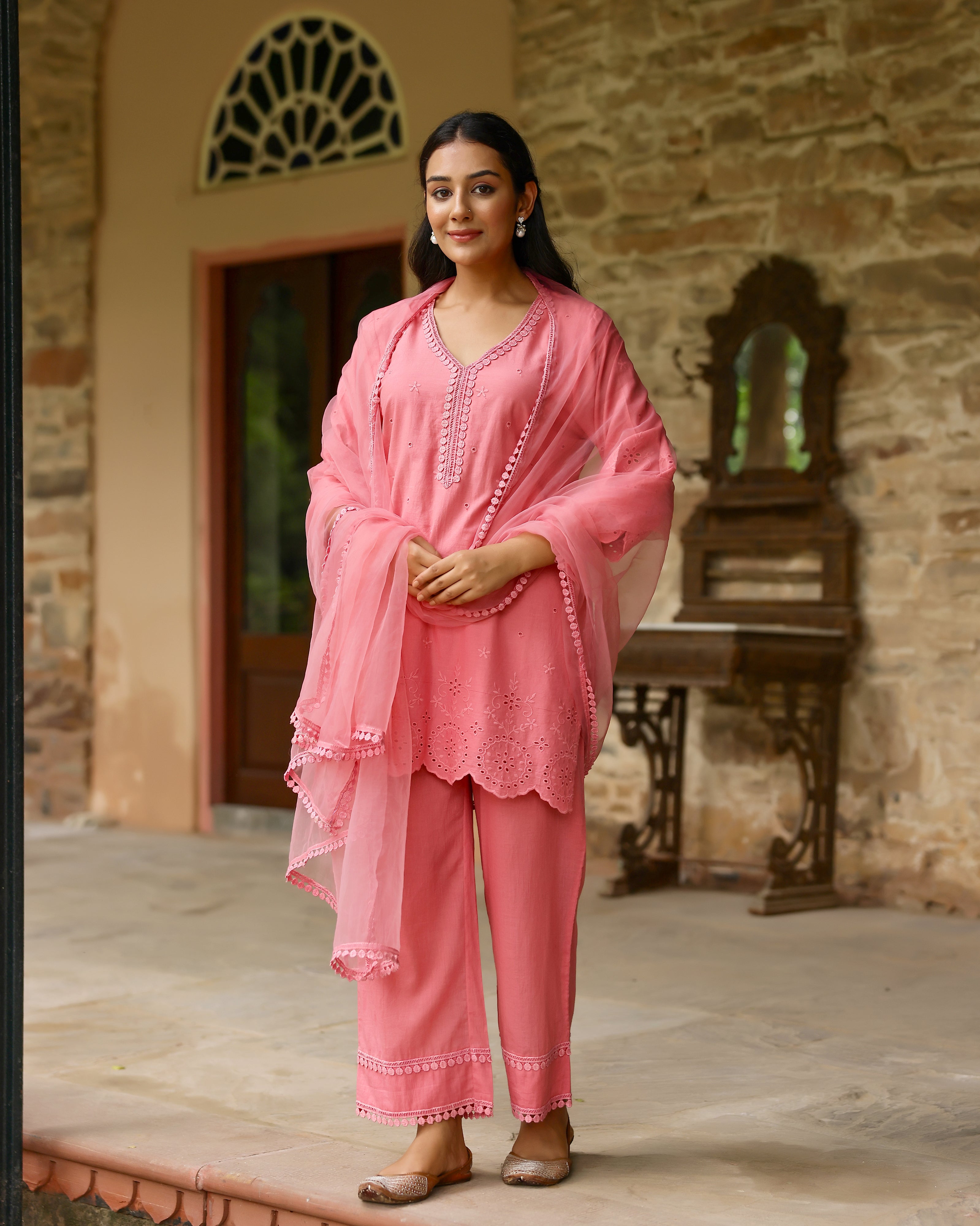 Radiant Coral Schiffli Cotton Suit Set with Organza Dupatta